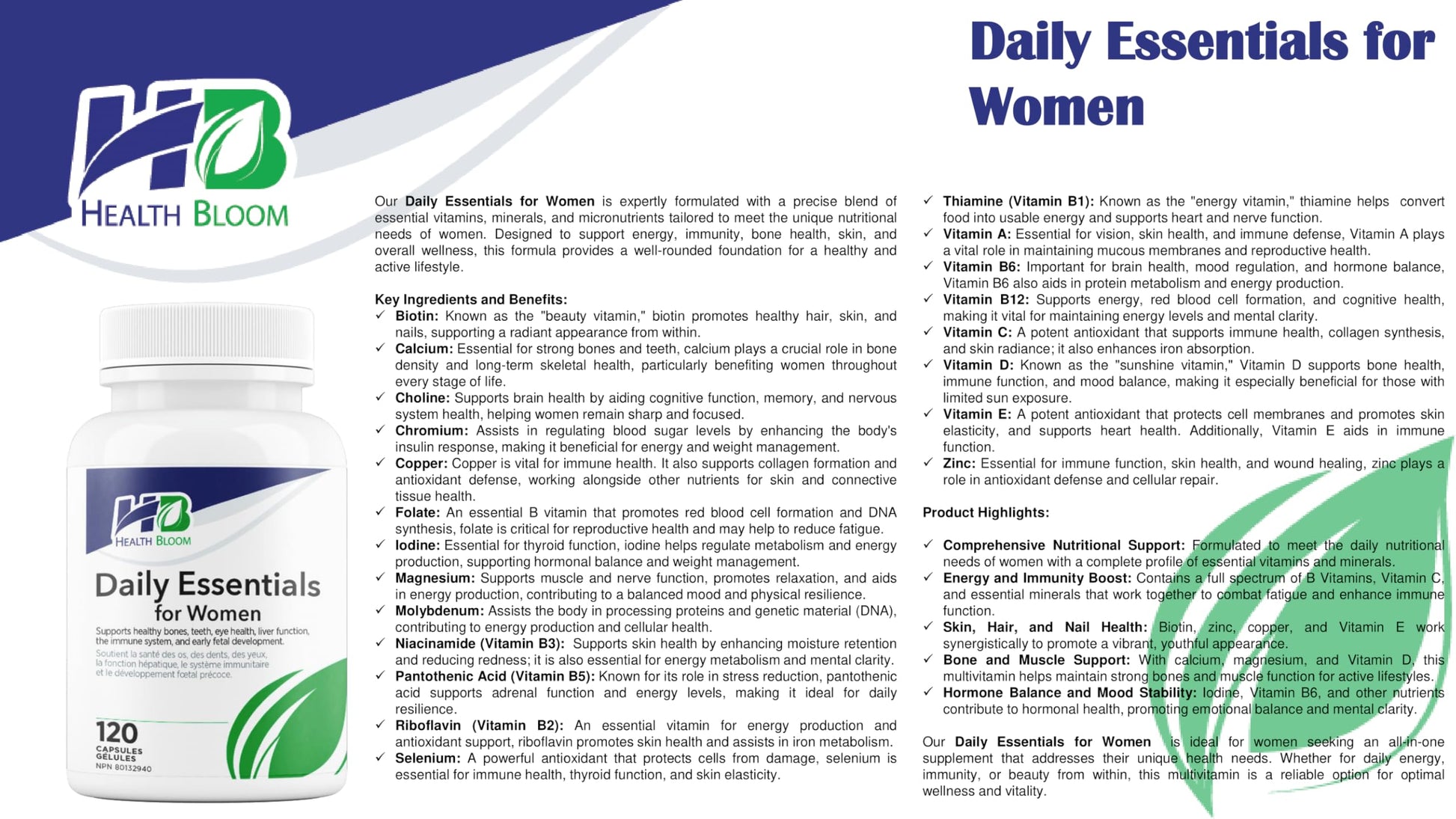 Daily Essentials for Women| 120 Capsules | Health Bloom | Vitamins and Minerals Capsules | Health Bloom Inc. Au supplements