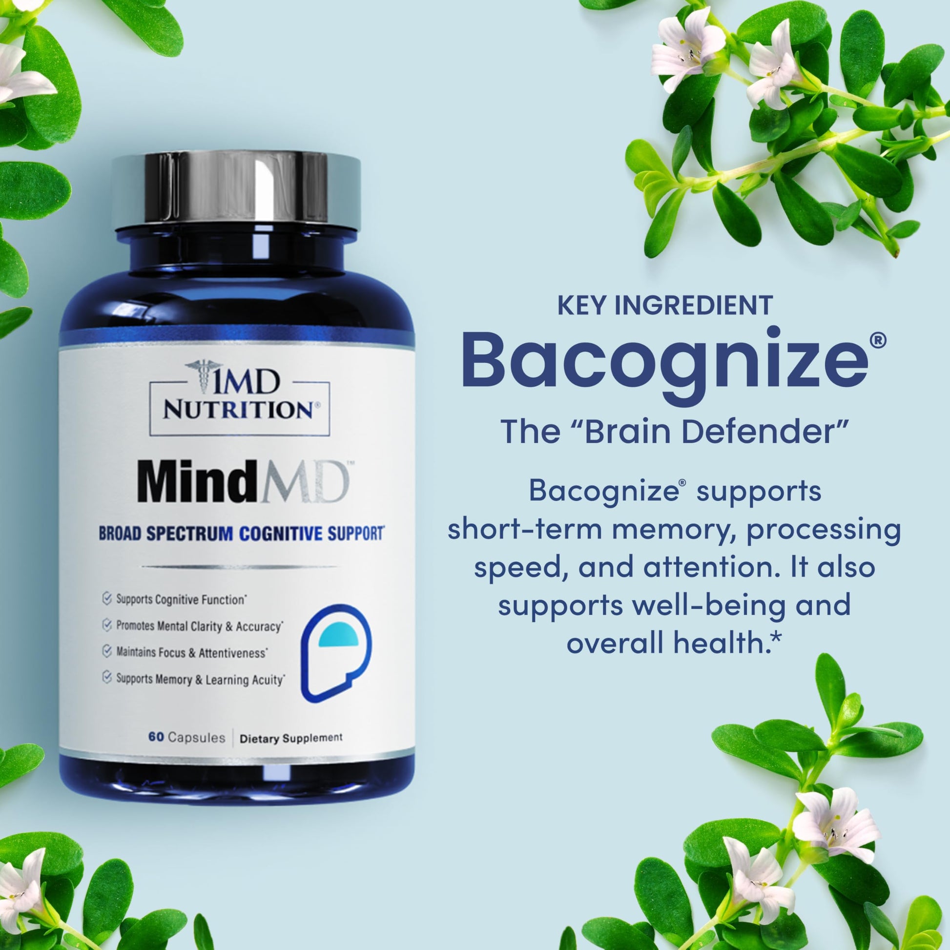 1MD Nutrition MindMD - Brain Supplement for Memory and Focus - Bacopa Monnieri for Nootropic Brain Support - Brain Health Supplement for Adults - with Vitamin B6 & Green Tea Extract - 60 Caps 1MD Nutrition Au supplements
