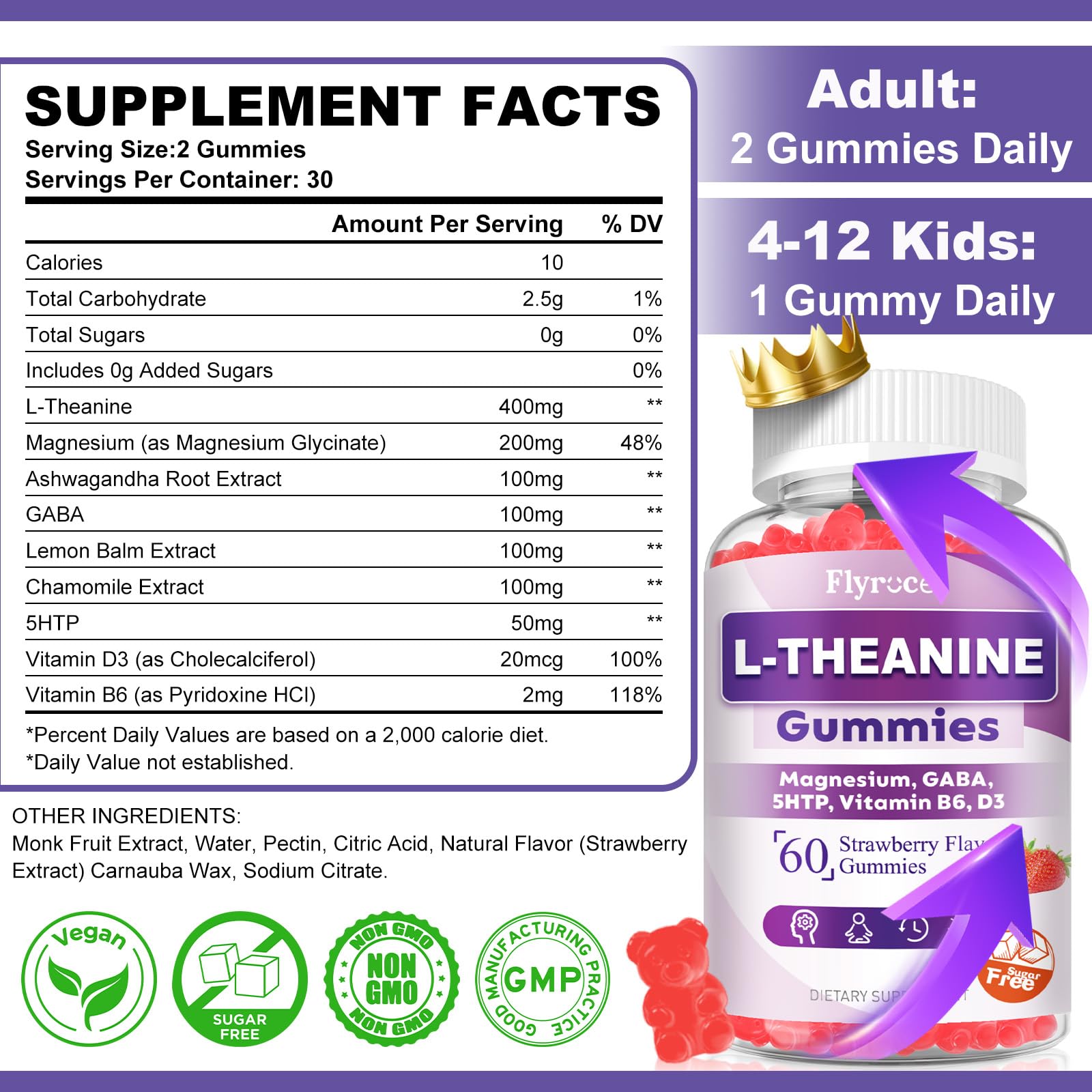 Sugar Free L-Theanine Gummies, L Theanine Supplement for Adults & Kids, L'Theanine with Ashwagandha, Magnesium, 5HTP & GABA - Support Calm, Relax, zzZ, Focus, Vegan Strawberry Flavor, 60 Count Flyrocer Au supplements
