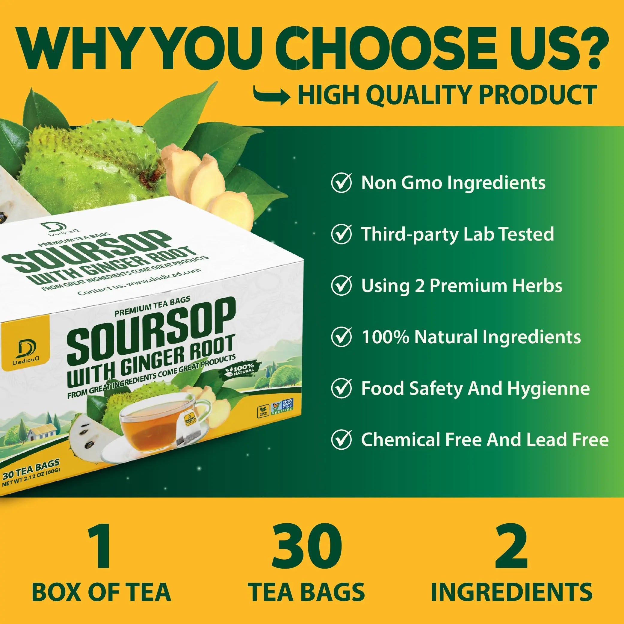 DEDICAD Soursop Leaves Tea Bags with Ginger, 30 Tea bags, 2gr/bag - Non-GMO/Caffeine free - Support Digestion, Well Skin, Immune System DEDICAD Au supplements