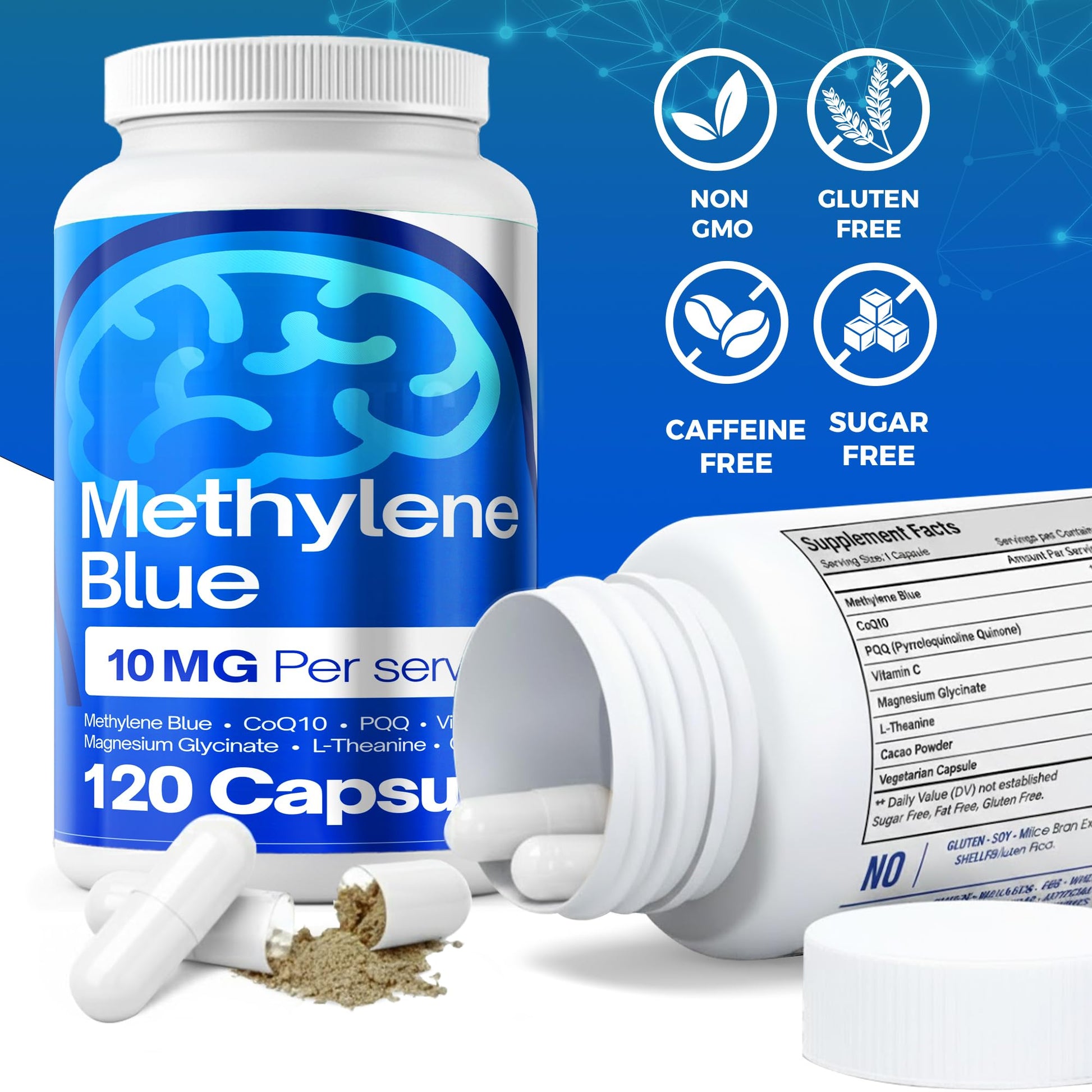 FitVitality Methylene Blue Capsules – Formulate CoQ10, PQQ, Vitamin C, L-Theanine, Cacao – 120 Vegan Capsules per Bottle – No Flavor, Easy Daily Use FitVitality Au supplements