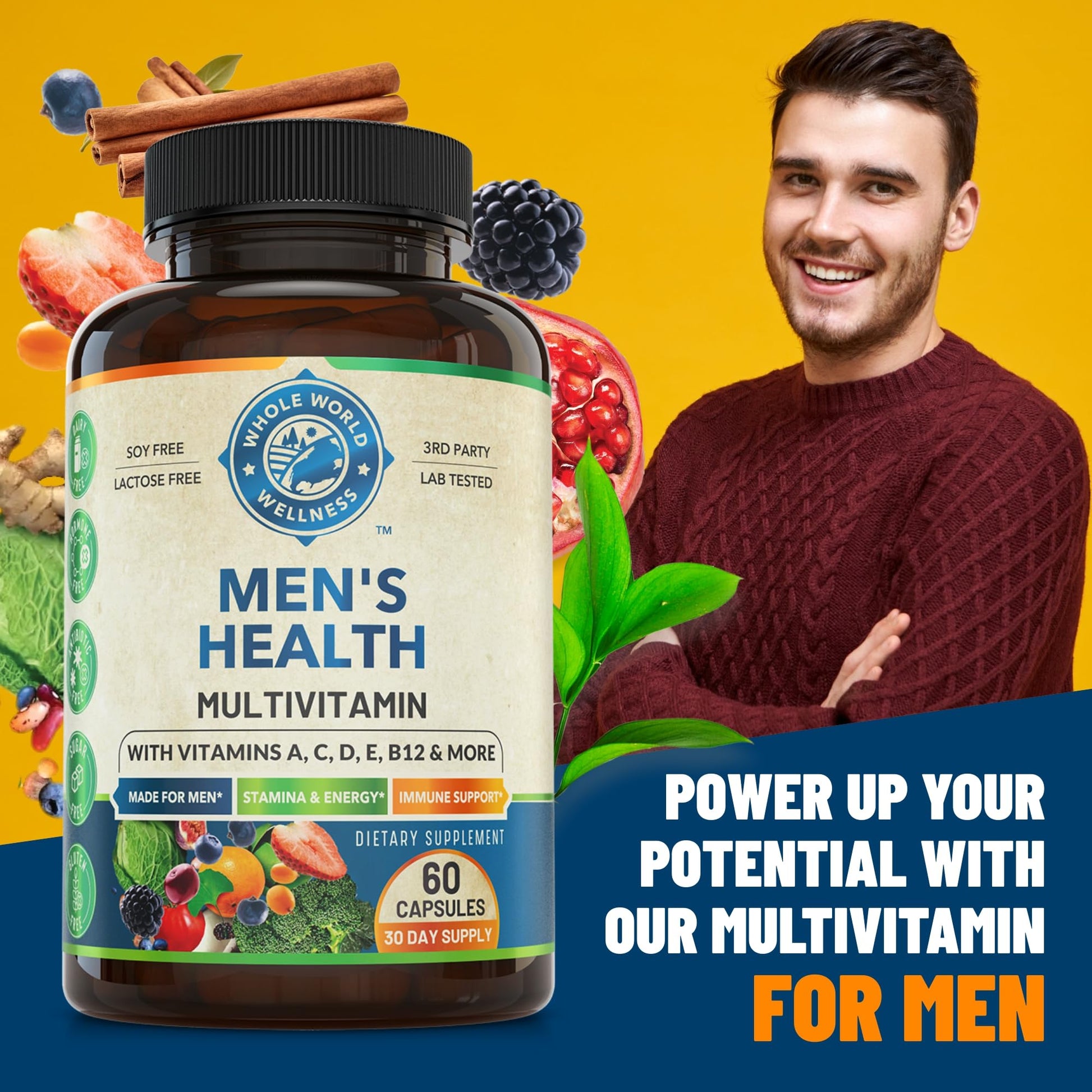 Whole World Wellness Mens Daily Multivitamin Multimineral Supplement for Energy, Focus, Stamina & Performance. Made for Men with 30+ Nutrients, Fruit & Energy Blend. Mens Vitamins, Made in The USA. WHOLE WORLD WELLNESS Au supplements