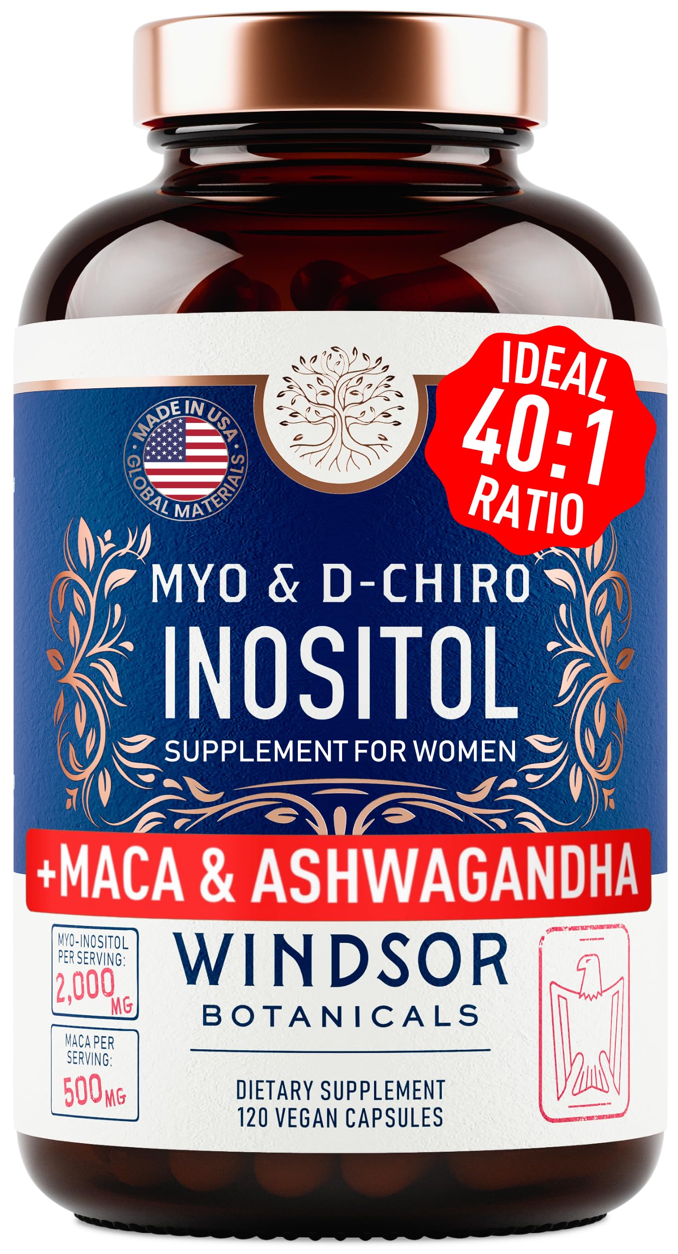 Myo-Inositol & D-Chiro Inositol 40:1 Ratio 2,000 mg - PCOS Supplements with Maca Root & Ashwagandha - Ovarian Health Support Vitamins - Hormone & Fertility Supplements for Women - 120 Vegan Caps WINDSOR BOTANICALS Au supplements