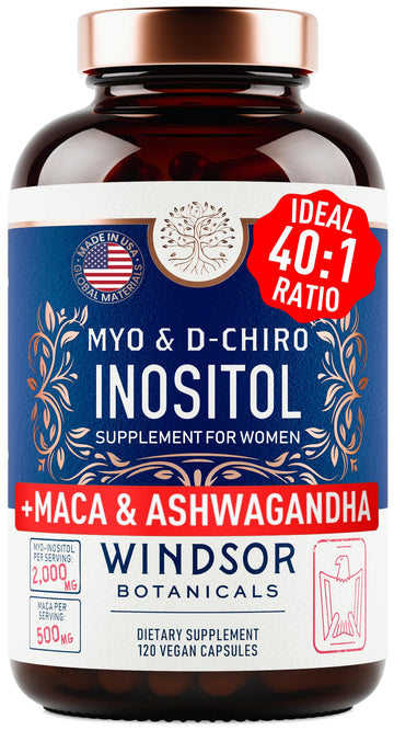 Myo-Inositol & D-Chiro Inositol 40:1 Ratio 2,000 mg - PCOS Supplements with Maca Root & Ashwagandha - Ovarian Health Support Vitamins - Hormone & Fertility Supplements for Women - 120 Vegan Caps WINDSOR BOTANICALS Au supplements