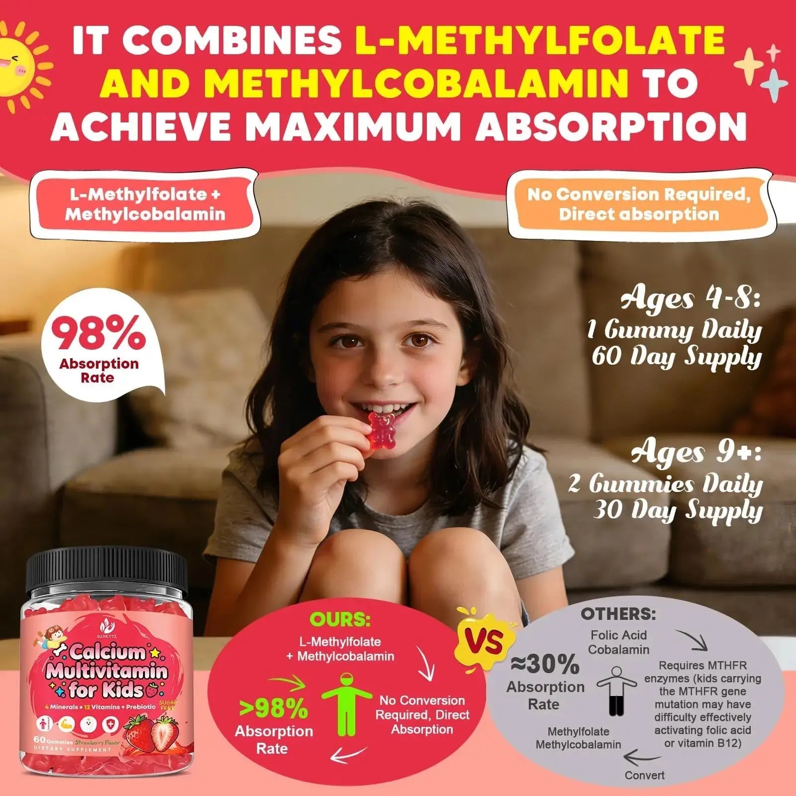 (2 Pack) Sugar Free Calcium Multivitamin Gummies for Kids - Nutritional, Immune, Bone Support, Whole Multivitamin, with Vitamins A, C, D, B1, B2, B6 JIANKYTZ Au supplements