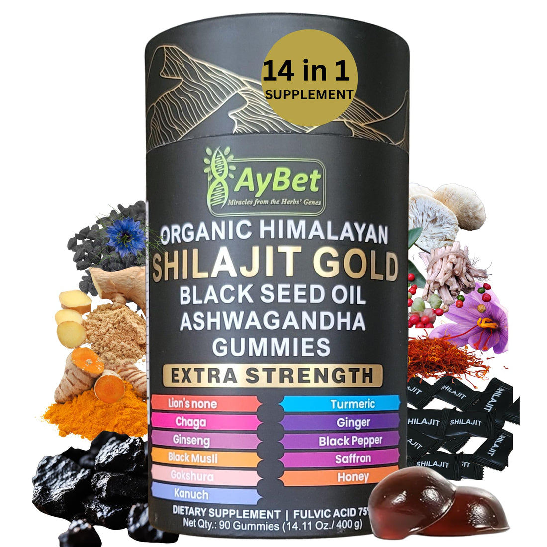 AyBet Organic Himalayan Shilajit Gold Gummies for Men and Women, Black Seed Oil, Ashwagandha, Ginseng, Turmeric, Gokshura, Lion's None, Lab Tested,%75 Fulvic Acid, No Sugar Added, Halal, 90Gummy AyBet Au supplements