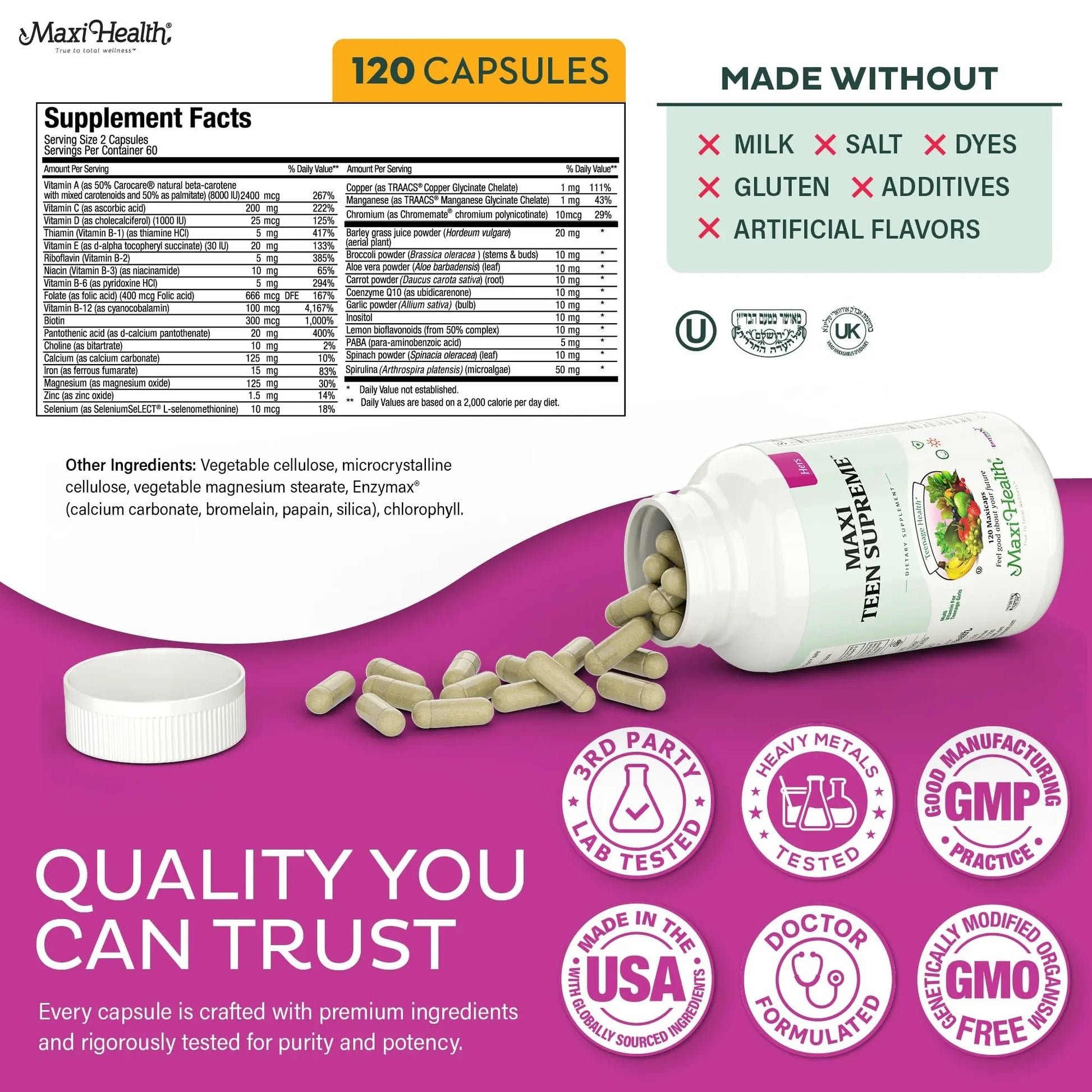 Teen Vitamins for Girls 12-17 - Teen Multivitamin D3, Iron, Calcium, Biotin, Zinc, Digestive Enzymes – Teenager Girl Multi Vitamins Maxi Health Au supplements