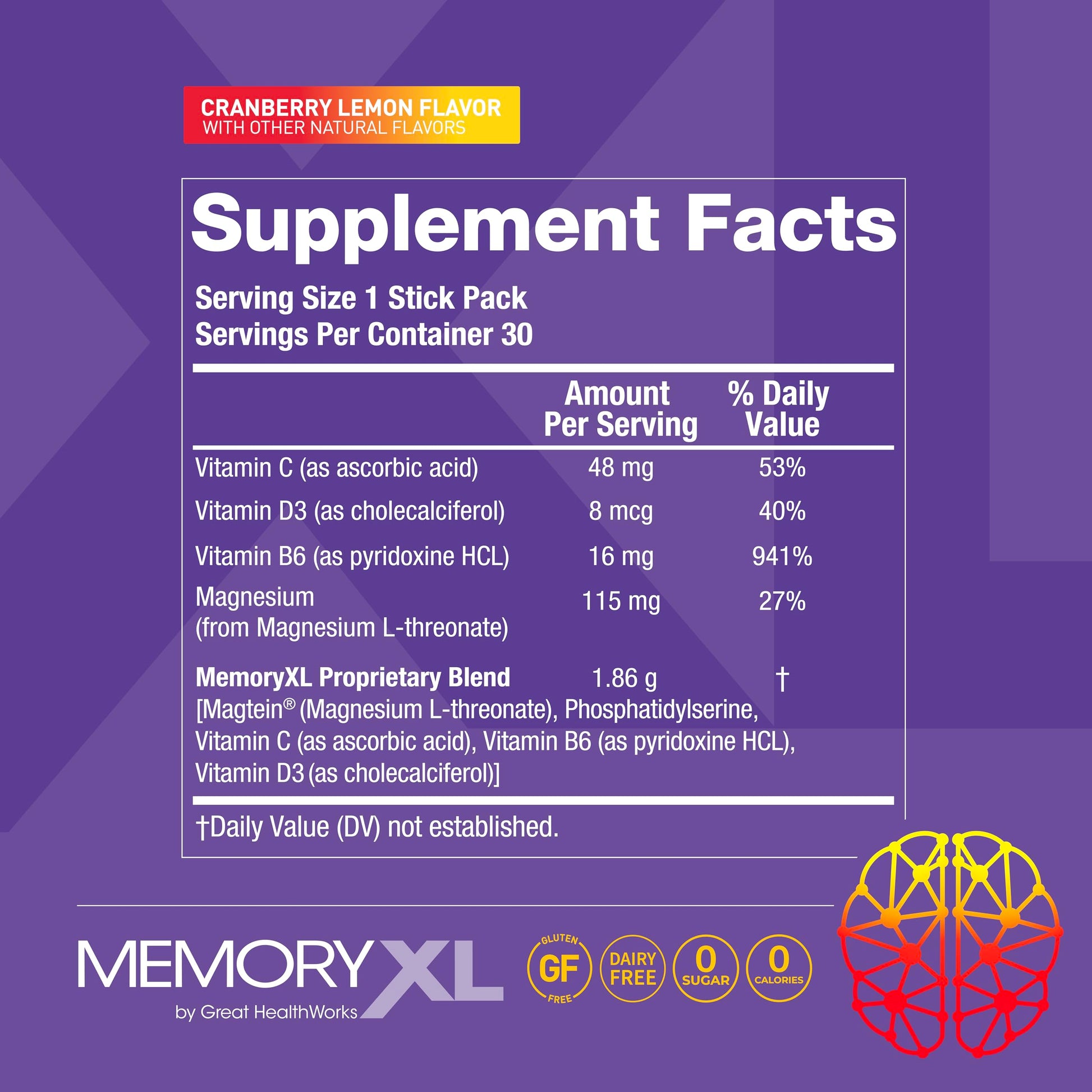 MemoryXL, Magnesium L-Threonate: Brain Supplement for Memory & Focus; Magtein®, Phosphatidylserine, Vitamin Mix. Improves Memory Focus Attention Learning & Logic. 0 Sugar, 0 cal, 30pk Cranberry Lemon OmegaXL Au supplements