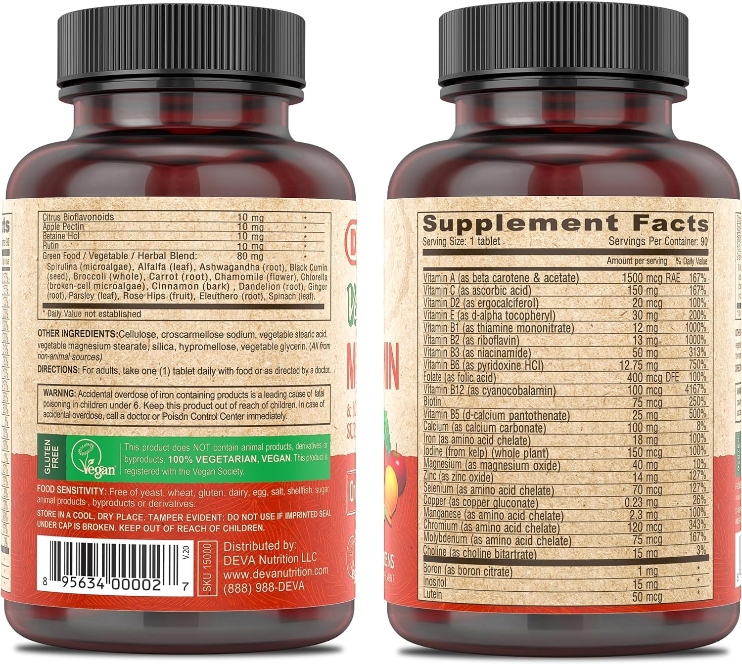 DEVA Vegan Multivitamin & Mineral Supplement with Iron 2-Pack, Spirulina, Chlorella, Ashwagandha, Broccoli & More, 90 Coated Tablets Each DEVA Au supplements