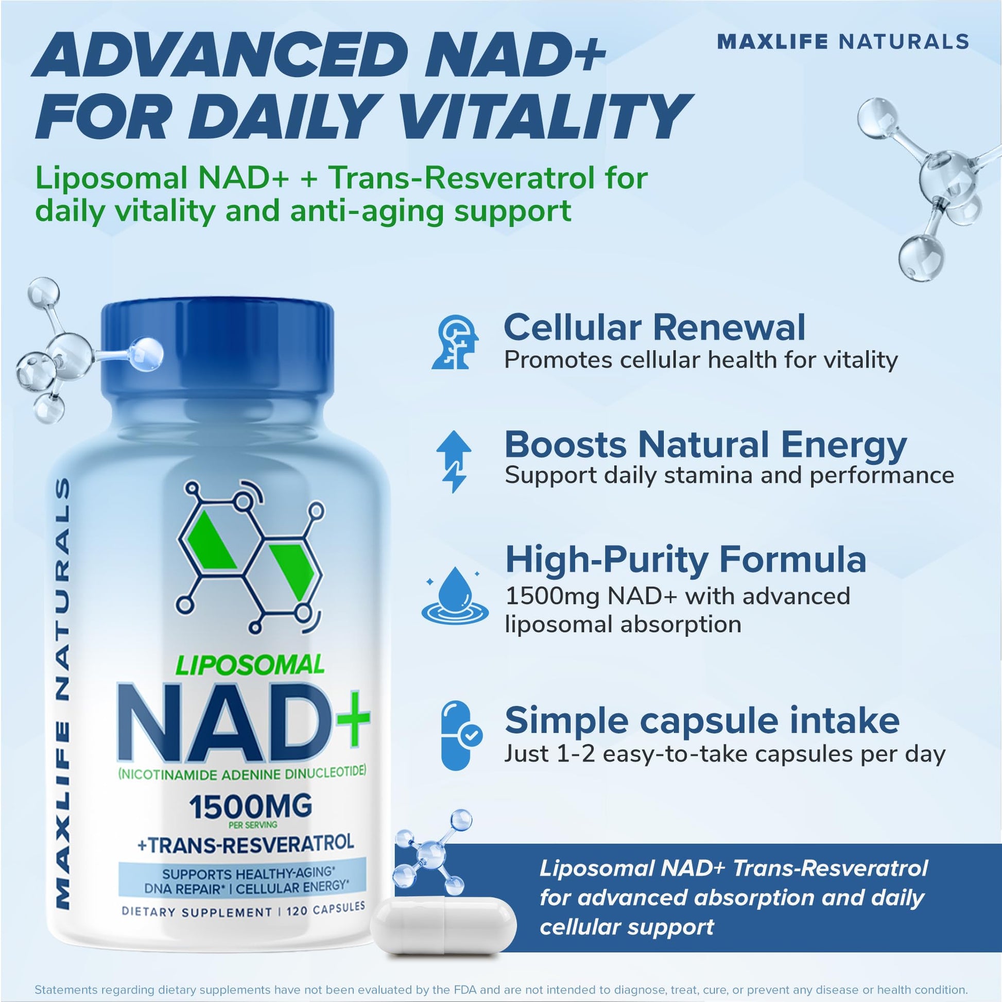 Liposomal NAD+ Trans-Resveratrol Supplement 1500mg - 120 Capsules - Liposomal NAD Supplements for Women and Men, High Purity-NAD Cell Regenerator, Cognitive & Anti Aging Supplement for Women & Men MAXLIFE NATURALS Au supplements