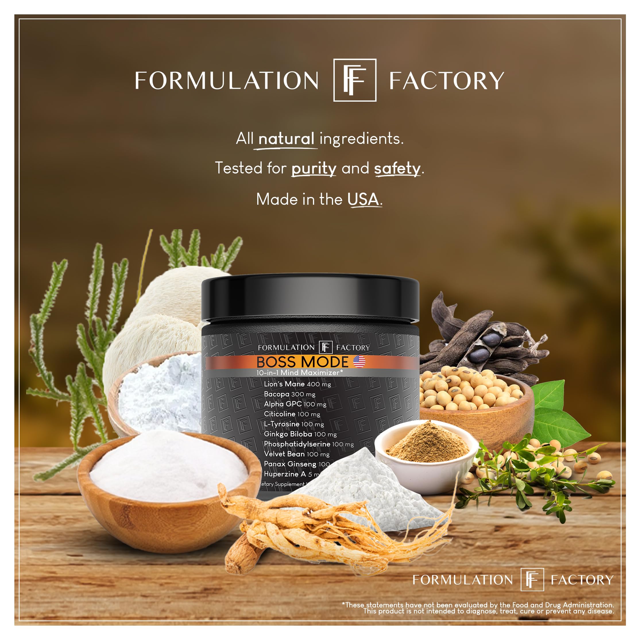 Formulation Factory Nootropic Brain Supplement - Boss Mode Focus & Memory Complex with Lion's Mane, Alpha GPC & Bacopa - Cognitive Support - 120 Capsules, 2 Month Supply Formulation Factory Au supplements