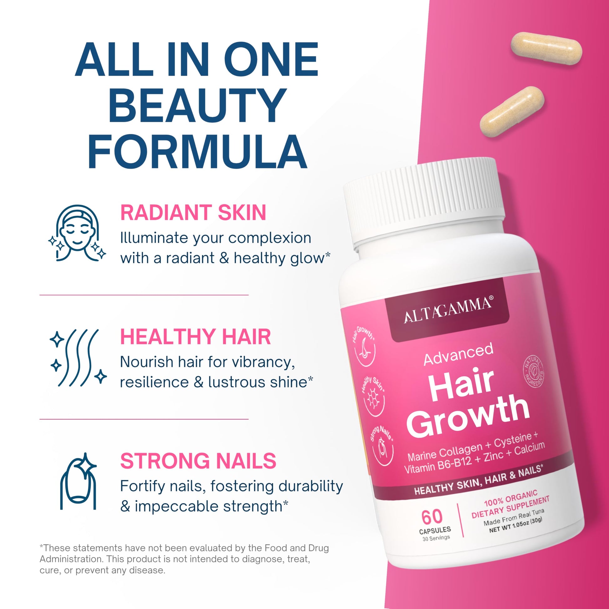ALTAGAMMA Hair Growth Supplements - Nourishes Thinning, Strengthen Nails & Skin & Combat Hair Loss - Hair Growth Vitamins for Women & Men with Marine Collagen Peptides, 60 Capsules | 30 Day Supply ALTAGAMMA Au supplements
