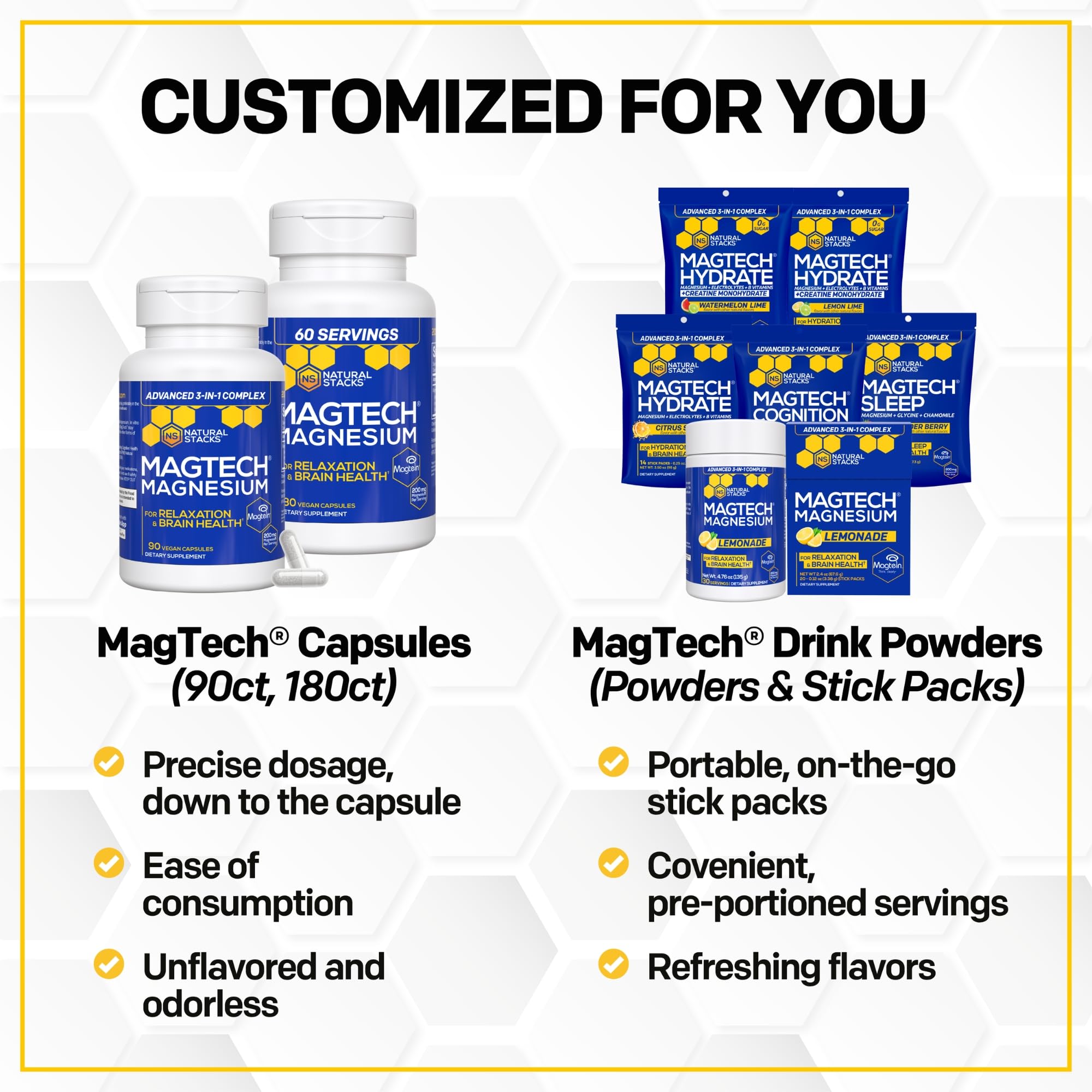 Magtein Magnesium L-Threonate, Glycinate & Taurate - MagTech Magnesium Powder - Sugar Free Lemonade Drink - 200mg Chelated Triple Complex - Supports Relaxation & Brain Health* - 30 Servings NATURAL STACKS Au supplements