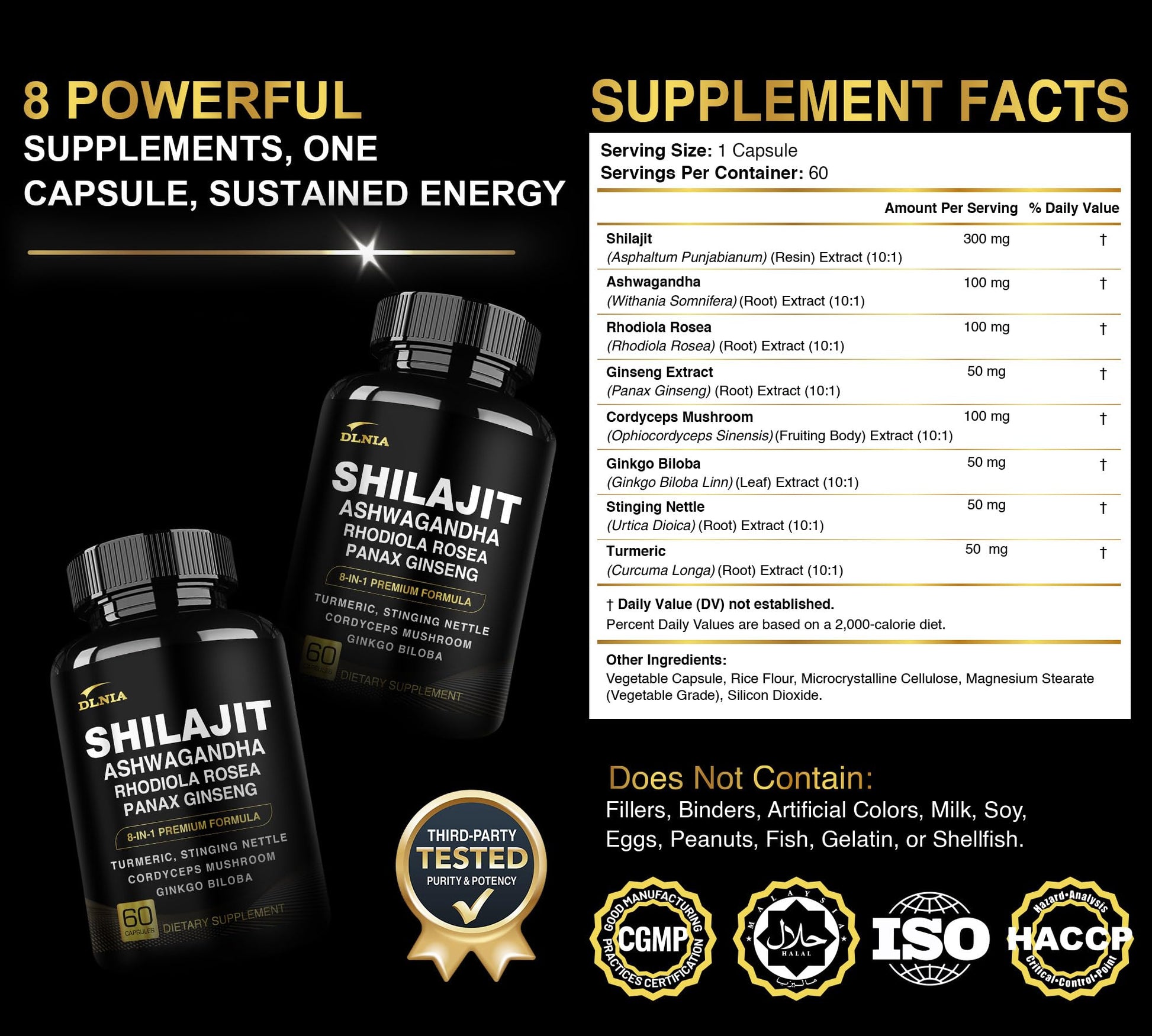 DLNIA 8-in-1 Shilajit for Men & Women with Ashwaganda Himalayan Organic Supplement with Rhodiola Rosea, Ginseng, Turmeric, Mushroom, for Immune Support, Energy, Calm, Focus, Clarity, Sleep, Cortisol DLNIA Au supplements