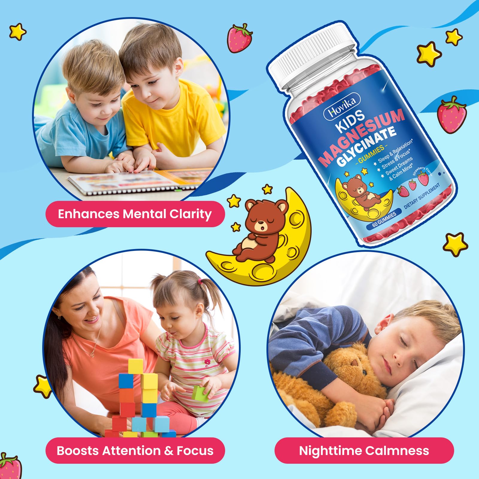 Magnesium Glycinate Gummies for Kids - with L-Theanine, Omega-3, Vitamin B6, D3, Zinc - Kids Magnesium Gummies for Sleep, Relaxation, Calm & Focus - Sugar Free Strawberry 60ct Hovika Au supplements