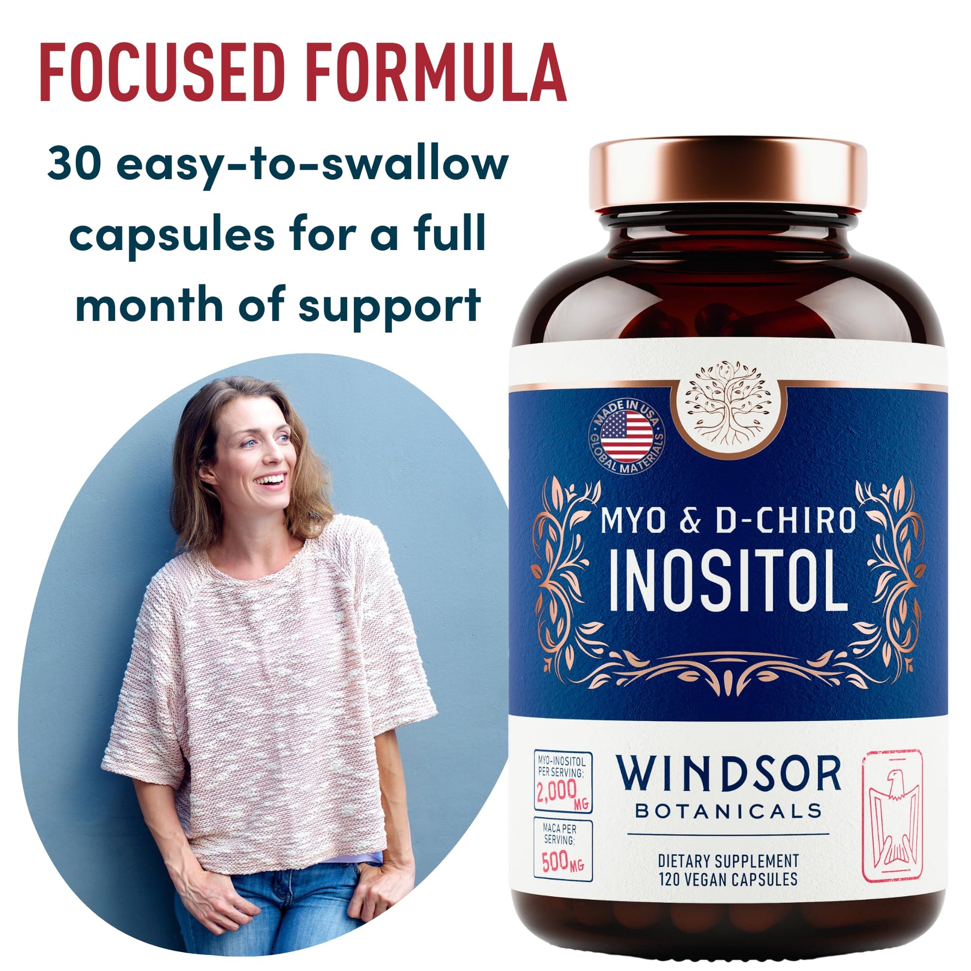 Myo-Inositol & D-Chiro Inositol 40:1 Ratio 2,000 mg - PCOS Supplements with Maca Root & Ashwagandha - Ovarian Health Support Vitamins - Hormone & Fertility Supplements for Women - 120 Vegan Caps WINDSOR BOTANICALS Au supplements