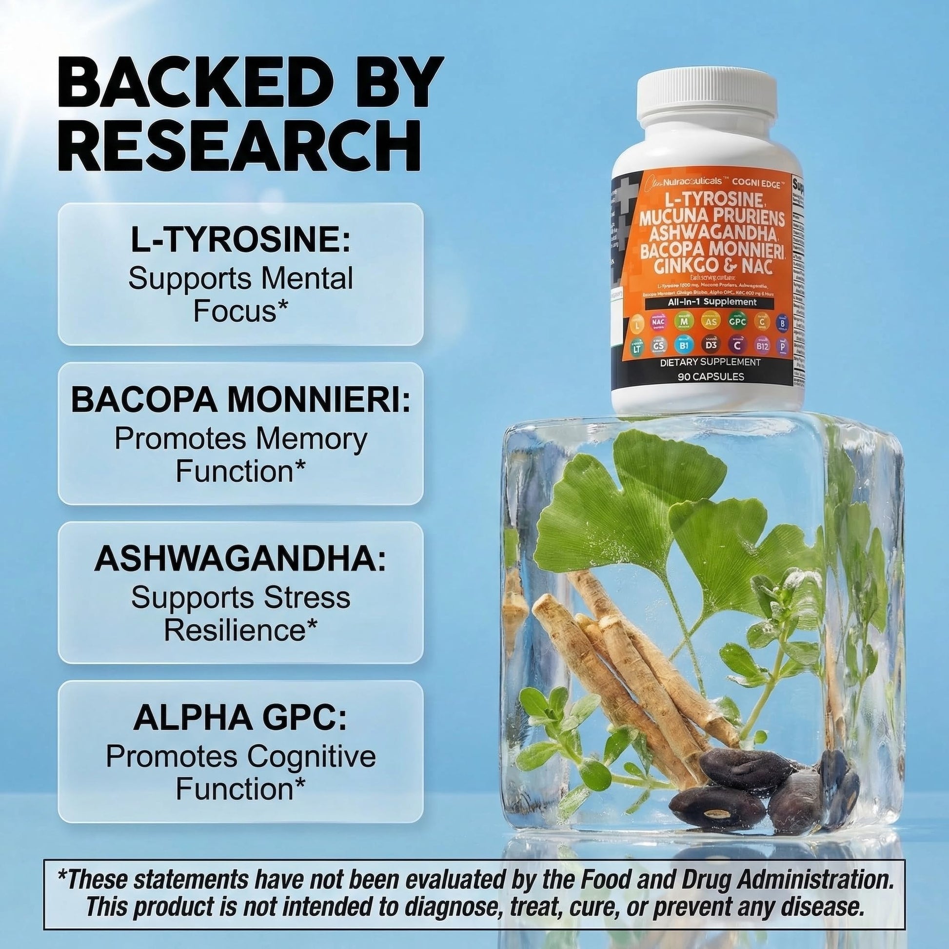 Clean Nutraceuticals L Tyrosine Mucuna Pruriens Bacopa Monnieri Ashwagandha Focus Supplement w/N-Acetyl Cysteine NAC 5-HTP Ginkgo Biloba Alpha GPC Vitamin C D B1 B12 Clean Nutraceuticals Au supplements