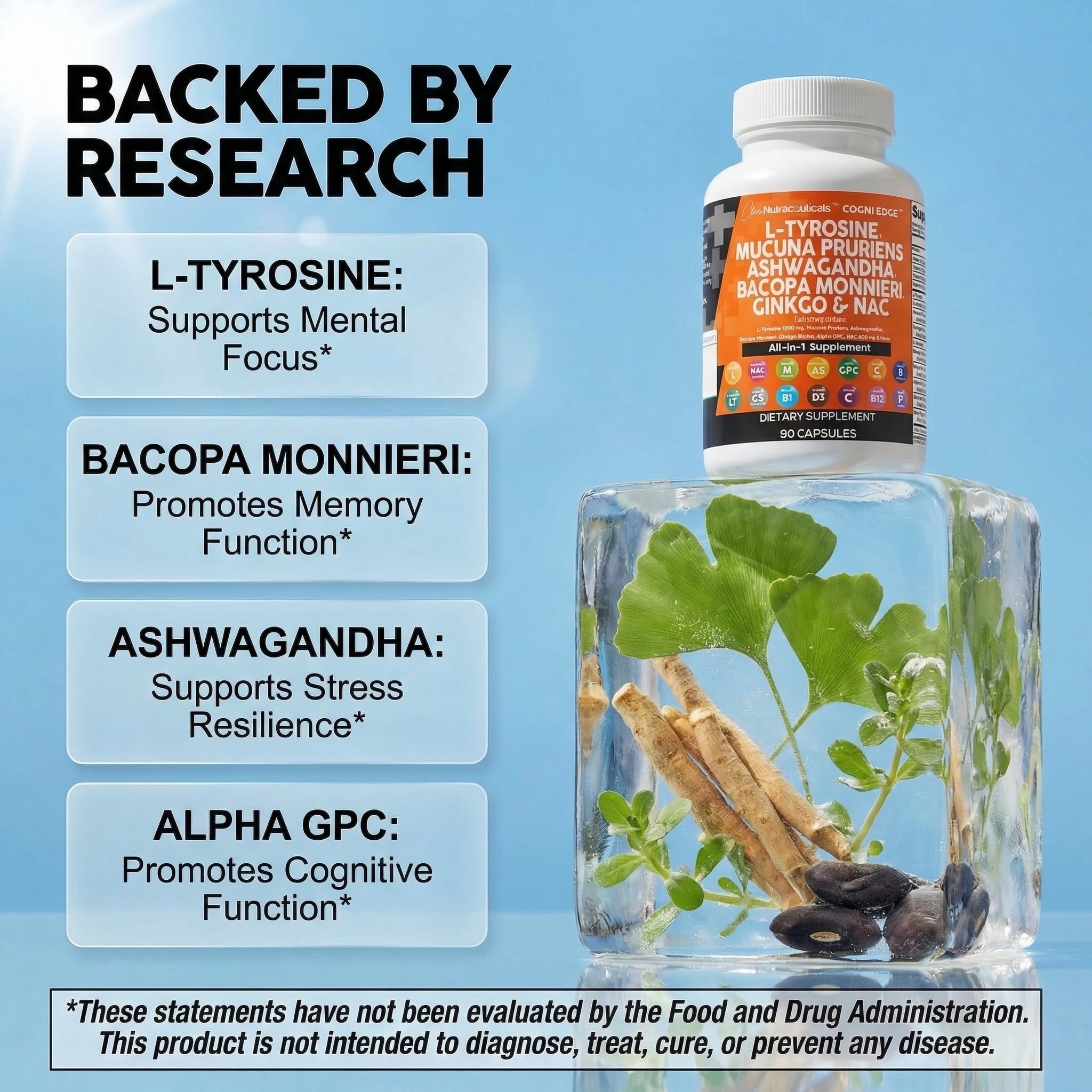 Clean Nutraceuticals L Tyrosine Mucuna Pruriens Bacopa Monnieri Ashwagandha Focus Supplement w/N-Acetyl Cysteine NAC 5-HTP Ginkgo Biloba Alpha GPC Vitamin C D B1 B12 Clean Nutraceuticals Au supplements