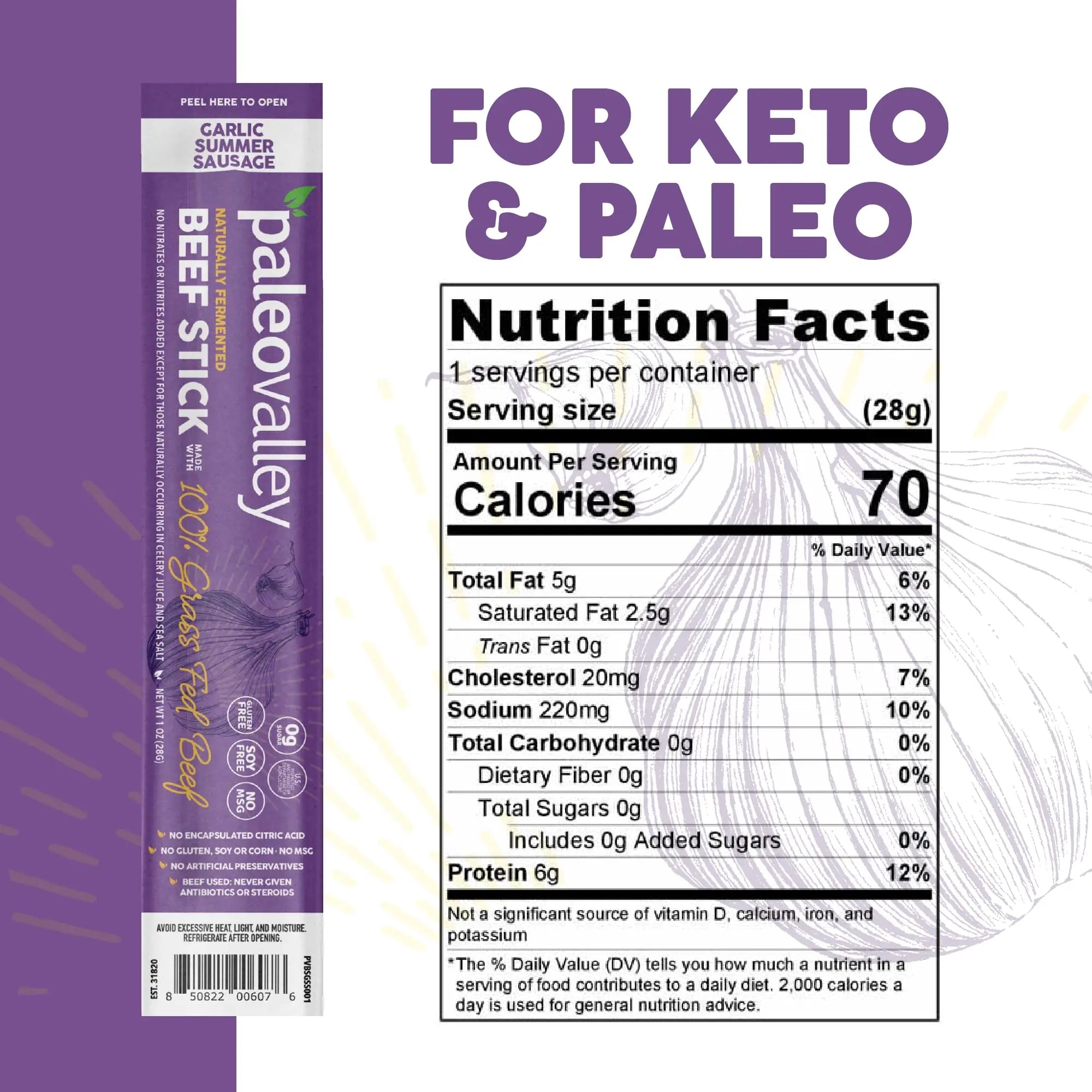 Paleovalley 100% Grass Fed Garlic Summer Sausage Beef Sticks - Delicious Gluten Free Beef Snack - High Protein Keto Friendly Paleovalley Au supplements