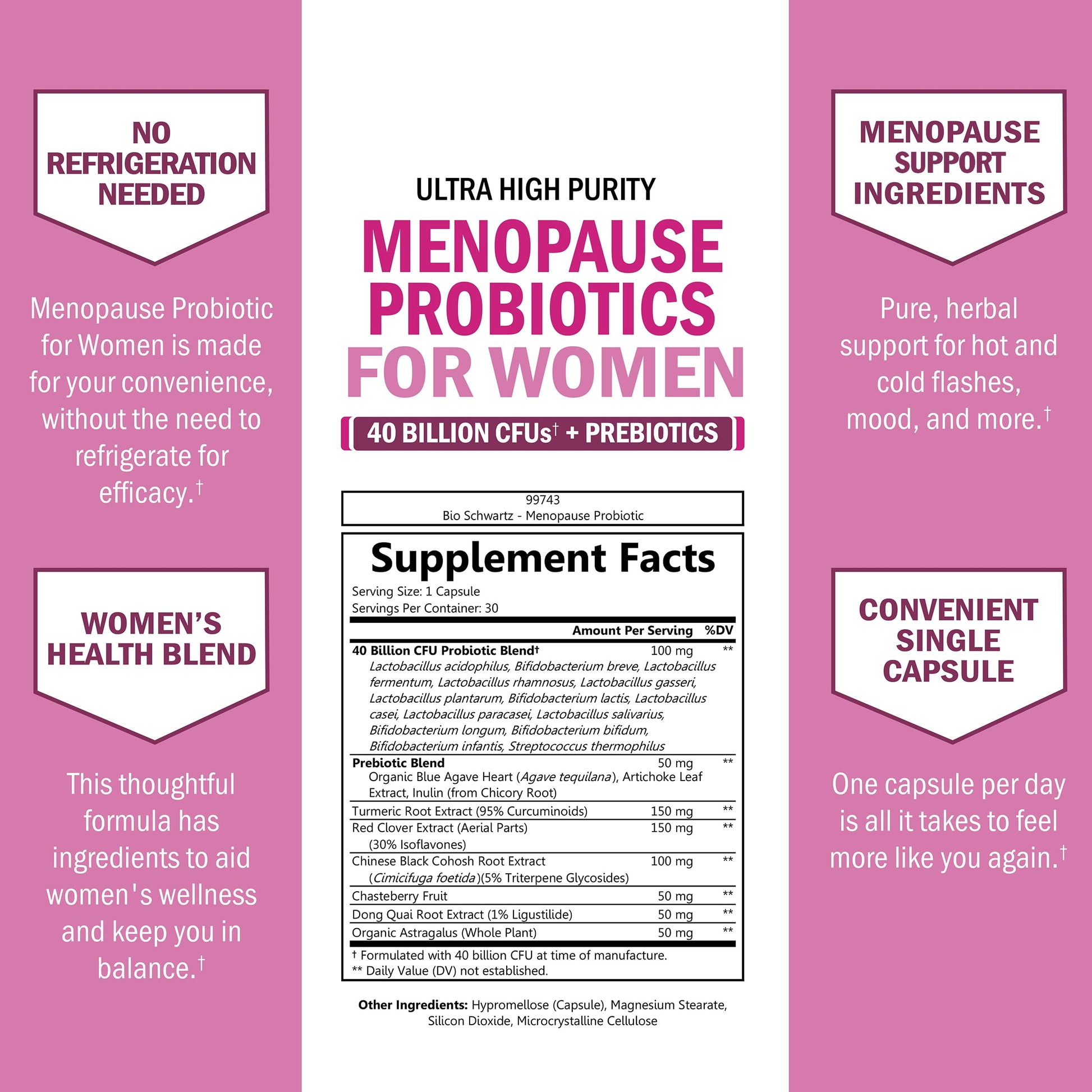 Menopause Supplements for Women - 40 Billion CFU Menopause Probiotics for Women - Support for Hot Flashes Night Sweats Mood Swings and Balance - Non-GMO, 30 Easy-Swallow Capsules, 30 Servings BioSchwartz Au supplements