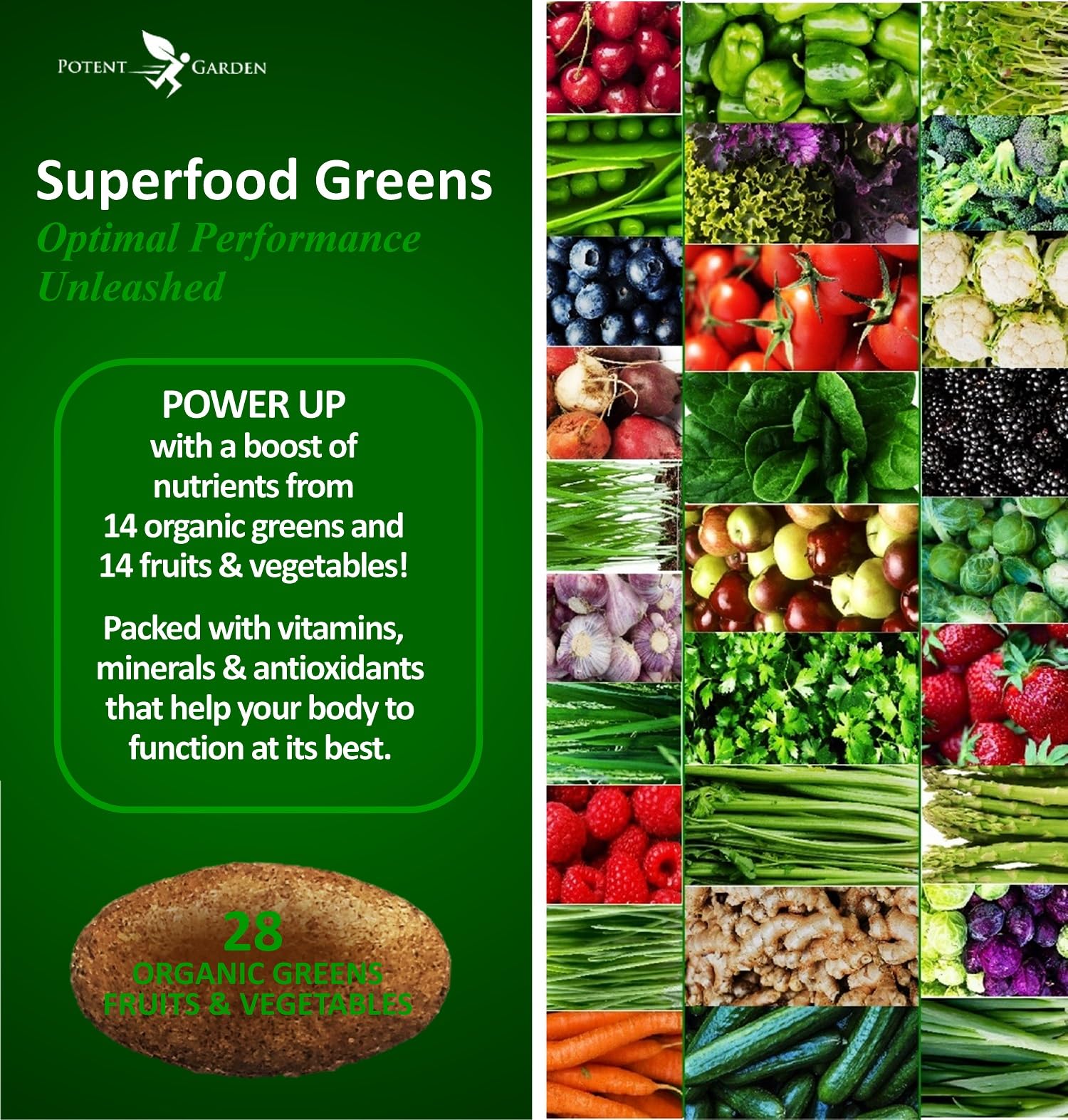 Potent Garden Organic Superfood Greens, Fruit and Veggies Supplement Rich in Vitamins & Antioxidants with Alfalfa, Beet Root & Tart Cherry to Boost Energy, Immunity & Gut Health, Greens Tablets 60 Ct Potent Garden Au supplements