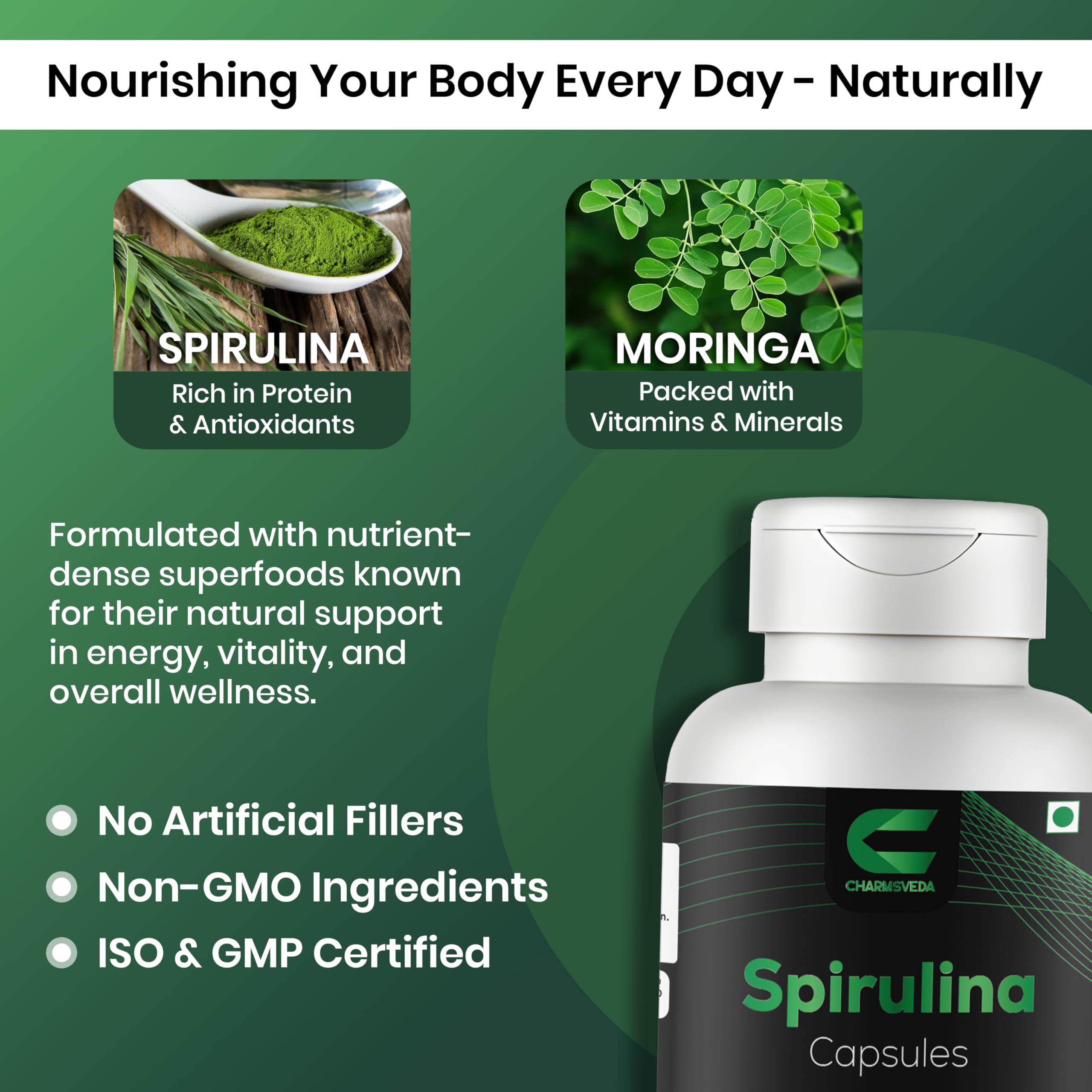 CHARMSVEDA Spirulina Capsules with Moringa – Herbal Immune Support* – 60 Vegan Capsules CHARMSVEDA Au supplements
