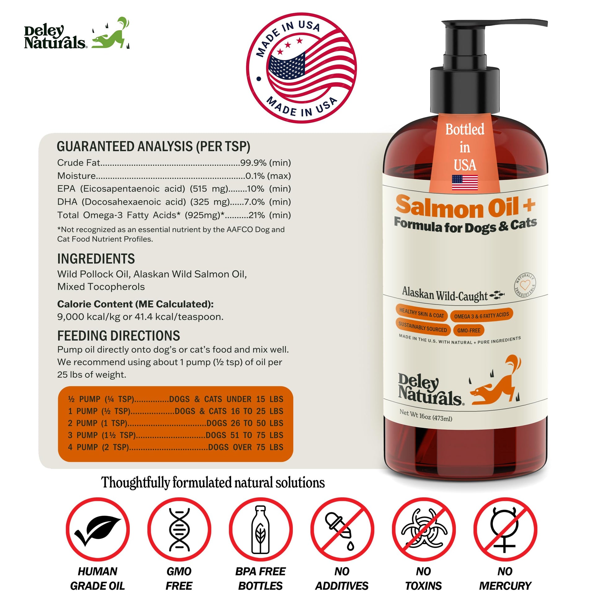 Deley Naturals Wild Alaskan Salmon Oil for Dogs & Cats - New and Improved Salmon Oil Plus Formula - Fish Oil for Dogs with Omega 3, DHA and EPA - Omega 3 for Healthy Skin and Coat - 16oz Made in USA Deley Naturals Au supplements