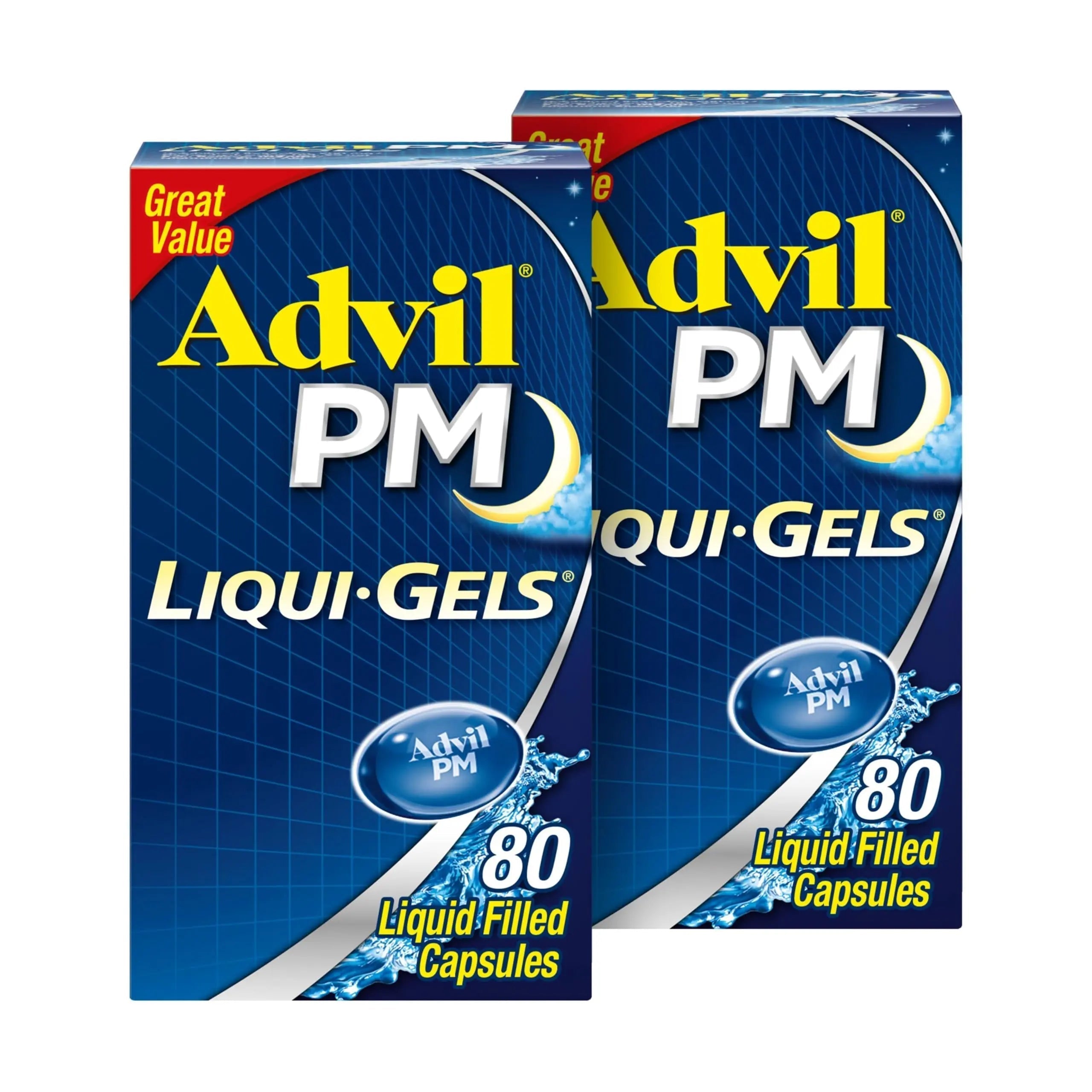 Advil PM Liqui-Gels Pain Reliever and Nighttime Sleep Aid, Pain Medicine with Ibuprofen for Pain Relief and Diphenhydramine HCL for a Sleep Aid - 2x80 Liquid Filled Capsules Advil Au supplements
