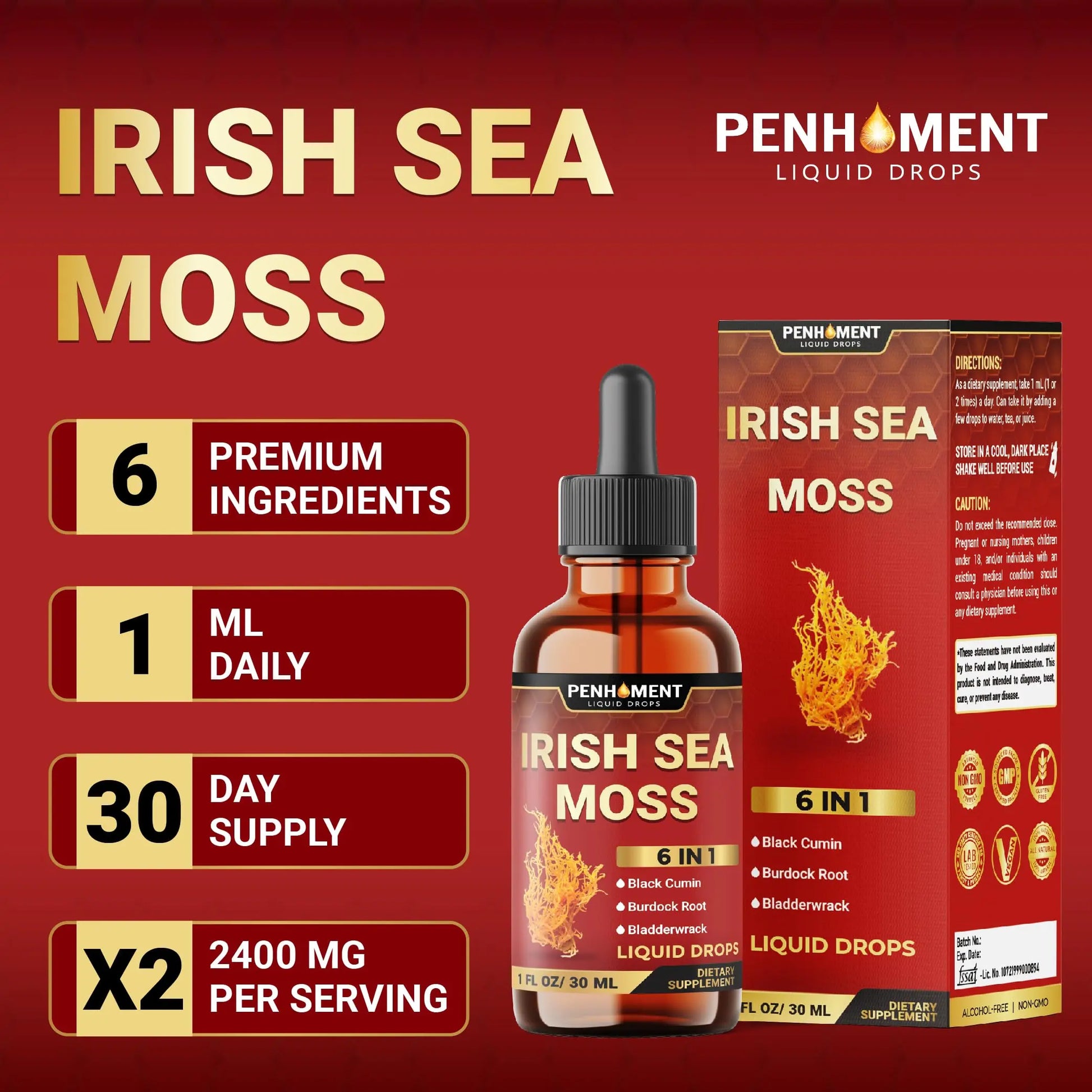 Penhoment 6in1 Sea Moss Drops with Black Seed Oil Irish Seamoss, Ashwagandha, Burdock Root & Bladderwrack - 1FL Oz - 30 Day Supply Penhoment Au supplements