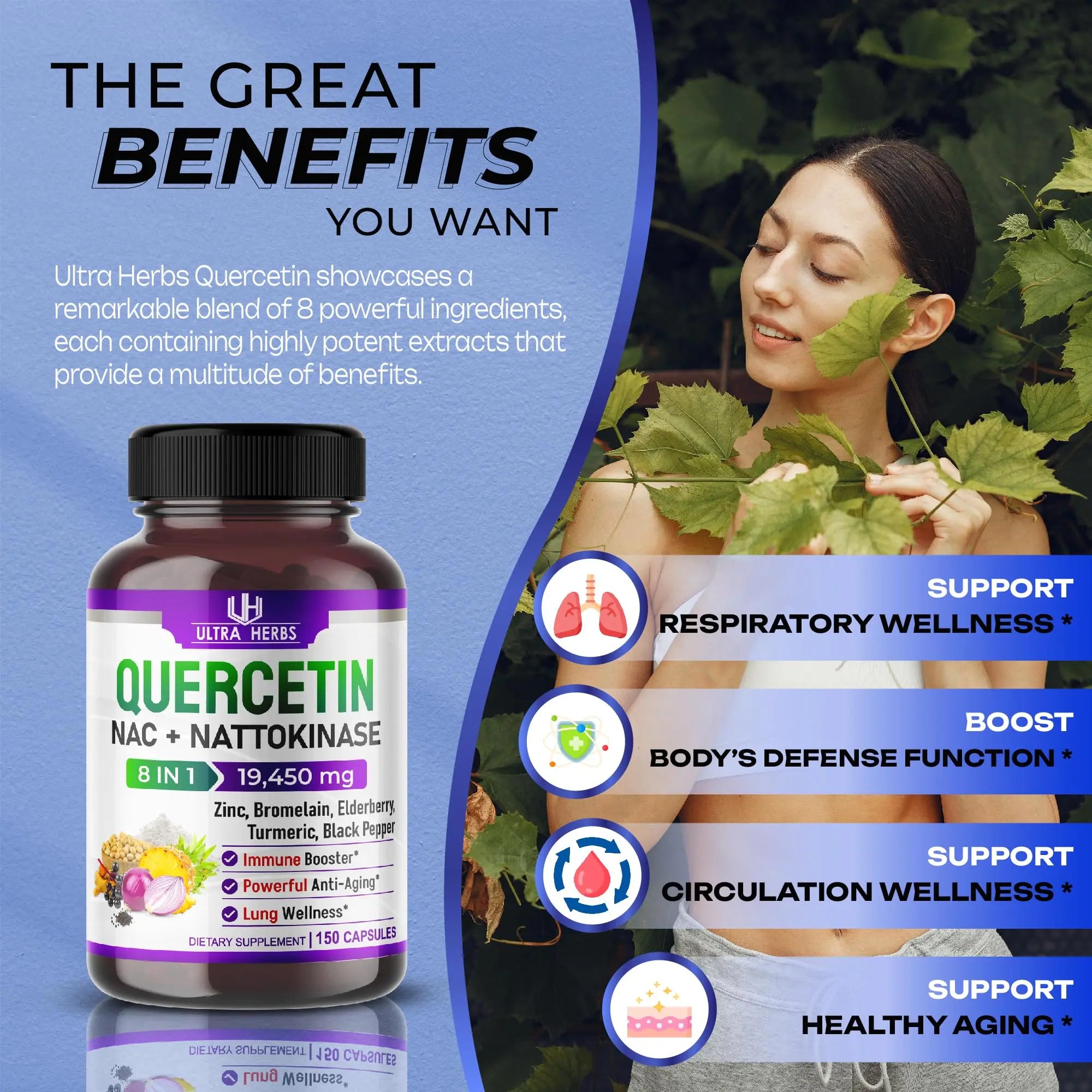 Quercetin 19,450mg 8 IN 1 with NAC, Nattokinase, Zinc, Bromelain, Elderberry, Turmeric ULTRA HERBS Au supplements