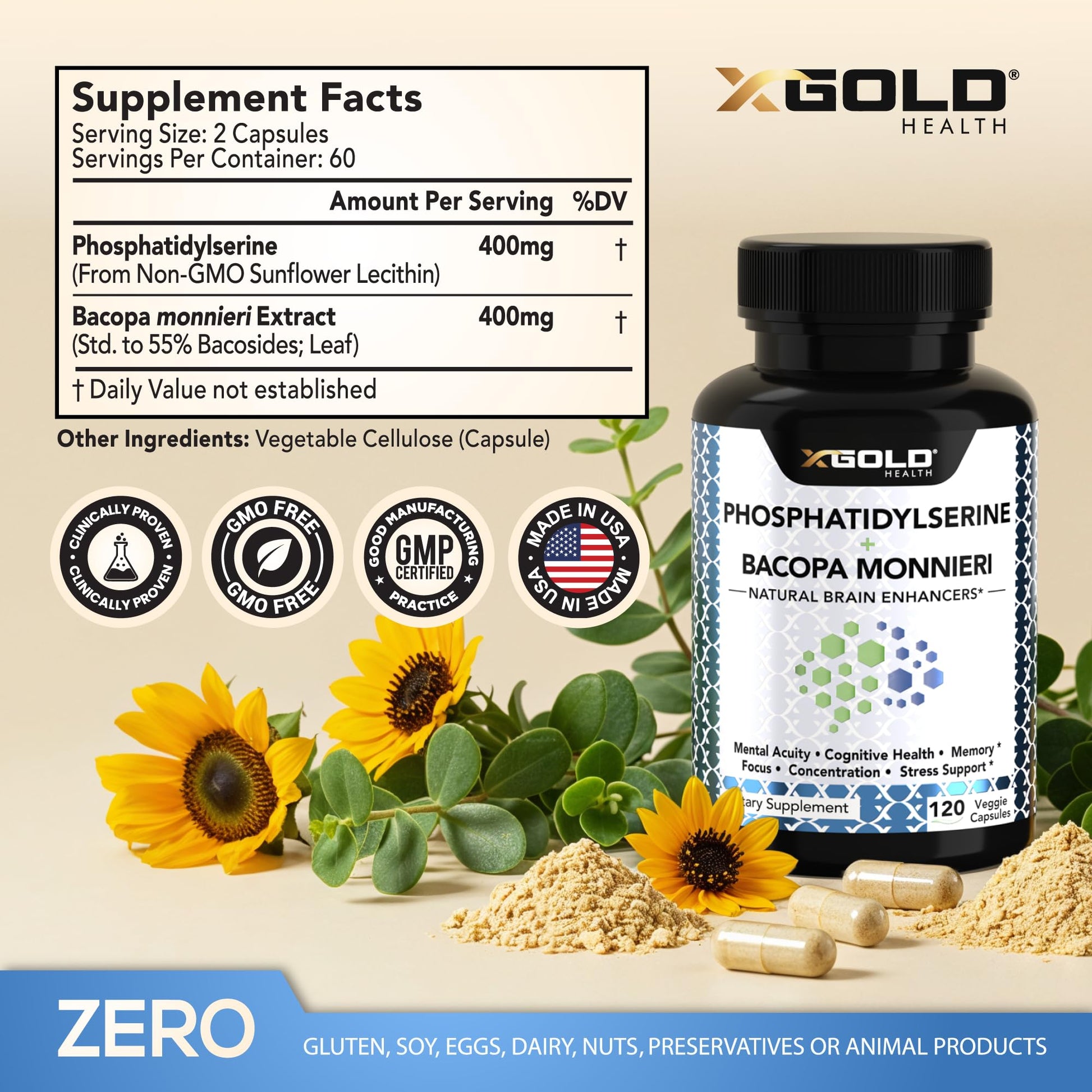 PhosphatidylSerine & Bacopa Monnieri 800 mg 2 in 1 Supplement - Natural Brain Enhancer/Nootropic for Enhanced Focus and Concentration, Memory Support, & Cognitive Function - 120 Vegetarian Capsules X Gold Health Au supplements