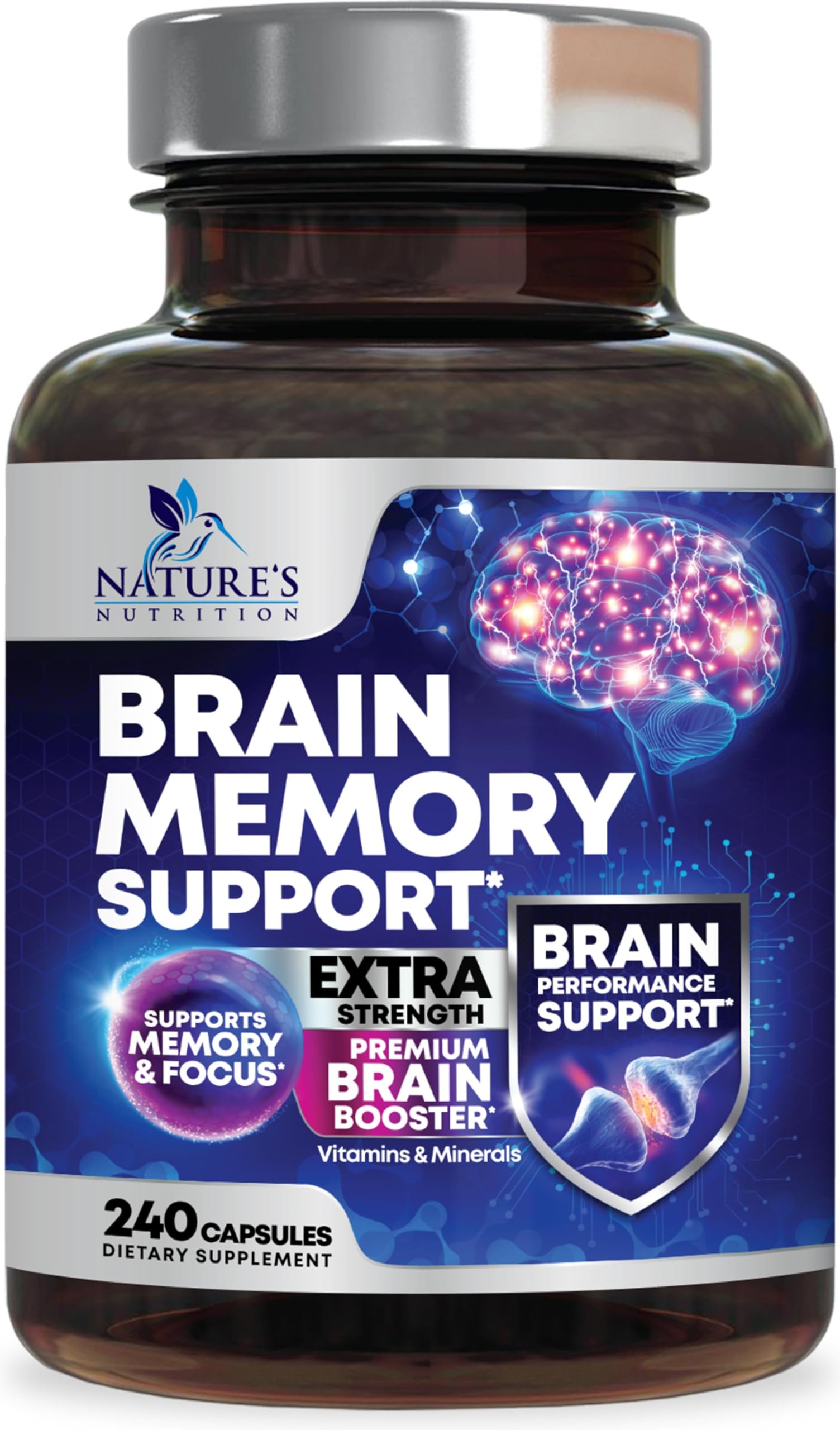 Brain Memory Supplement Pills - 3X Strength Nootropics for Concentration, Clarity & Focus Support - Brain Health Cognitive Vitamins with Bacopa, Phosphatidylserine & DMAE, Brain Booster - 240 Capsules Nature's Nutrition Au supplements