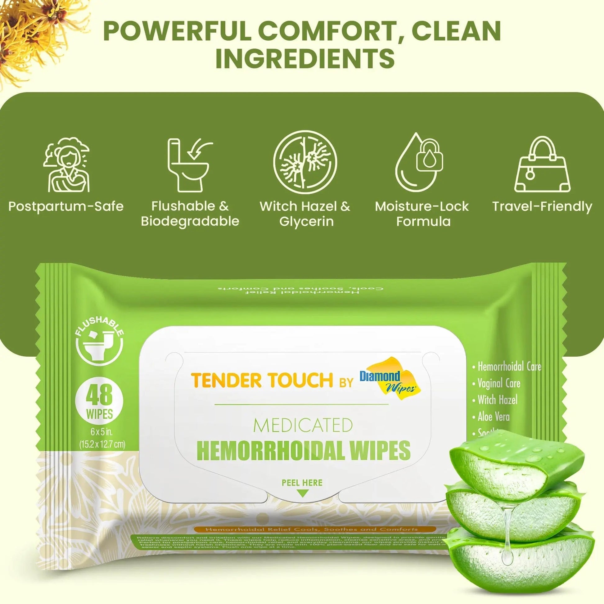 Tender Touch Hemorrhoid Wipes with Witch Hazel and Aloe, Flushable Medicated Wipes for Hemorrhoid and Vaginal Relief - Postpartum-Safe, Fragrance-free, Travel Size, 1 Pack, 48-ct. Diamond Wipes Au supplements
