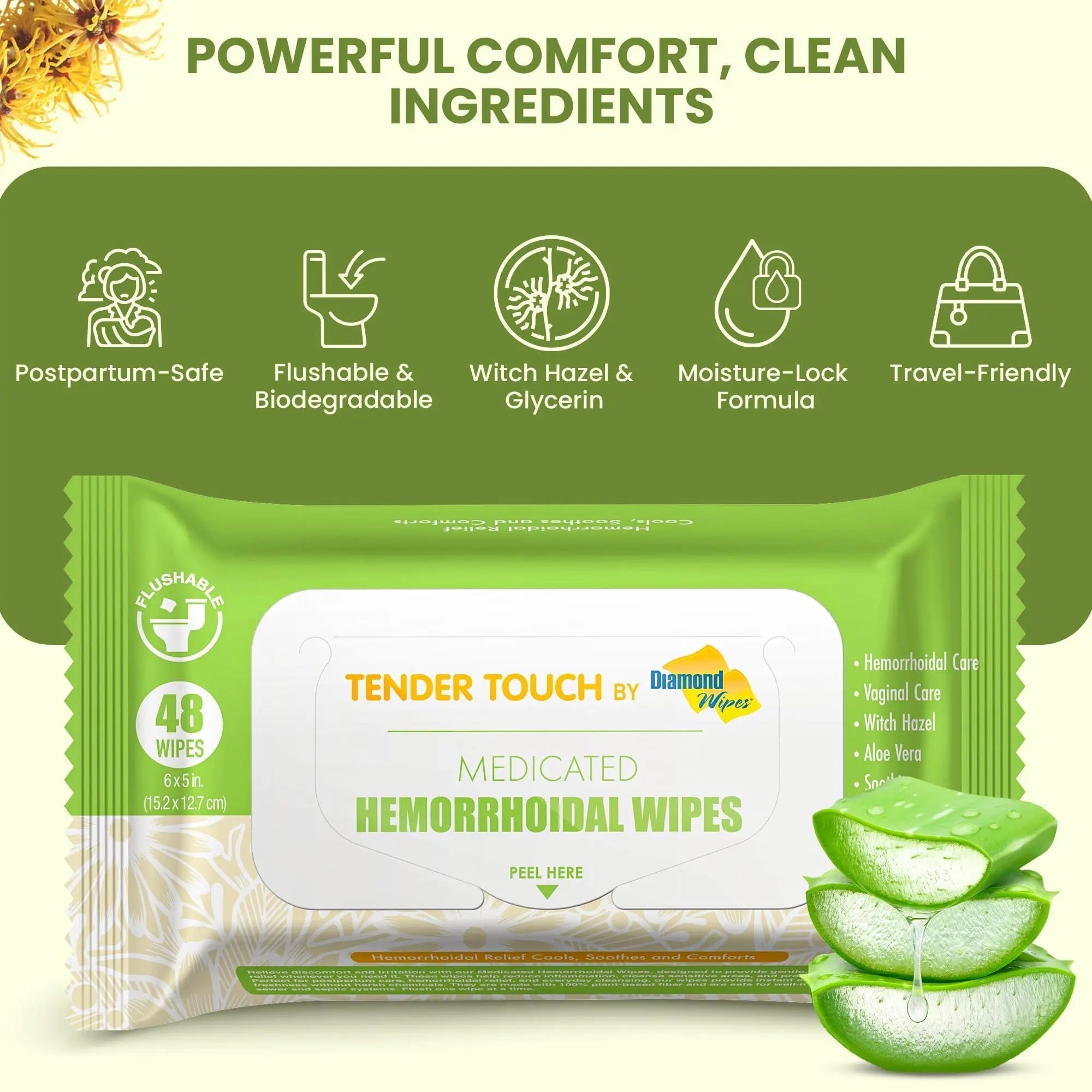 Tender Touch Hemorrhoid Wipes with Witch Hazel and Aloe, Flushable Medicated Wipes for Hemorrhoid and Vaginal Relief - Postpartum-Safe, Fragrance-free, Travel Size, 1 Pack, 48-ct. Diamond Wipes Au supplements