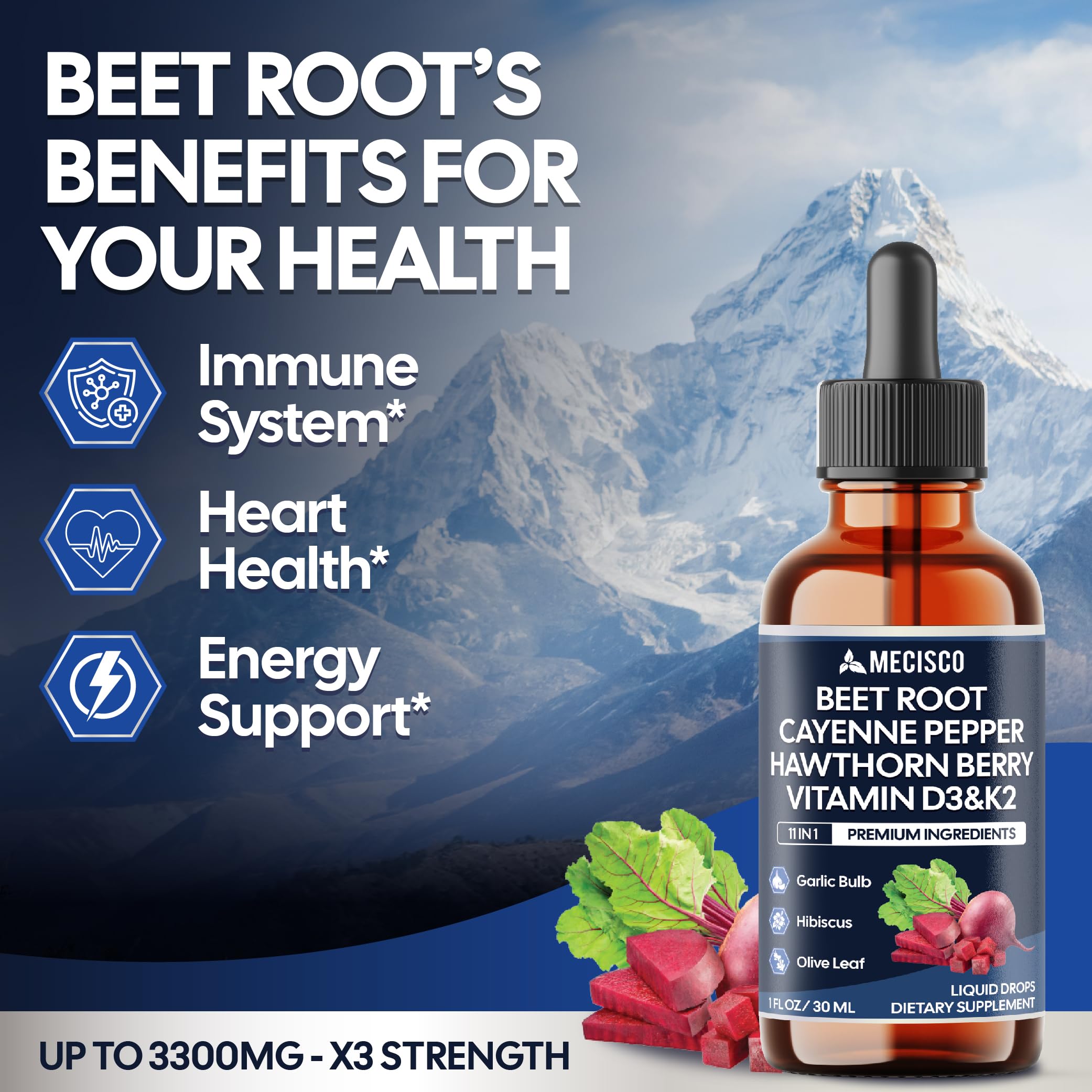 11in1 Beet Root Liquid Drops - Support Overall Wellness - with Vitamin D3, Vitamin K2, Hawthorn Berry, Cayenne Pepper, Garlic, Hibiscus, Olive, Red Spinach, Green Tea - 1 FL Oz - 60 Day Supply Mecisco Au supplements