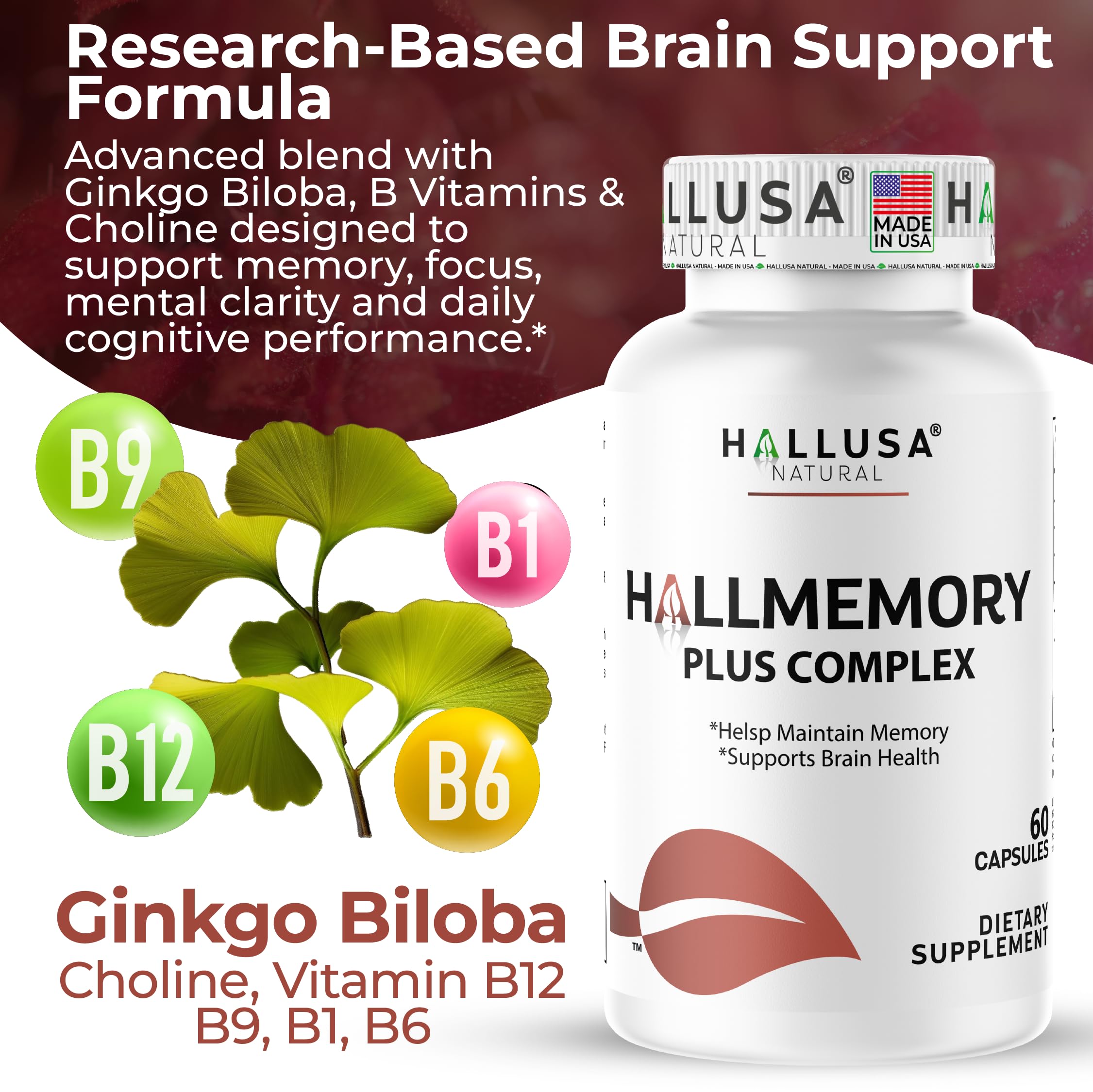 Hallusa Natural Brain Health Supplement Capsules 1680mg, Ginkgo Biloba, B Vitamins & Choline, Memory & Focus Support, Brain Booster for Men & Women, 60 Count Hallusa Natural Au supplements