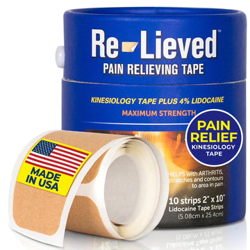 4% Lidocaine Maximum Strength Pain Relief Kinesiology Tape - Relieves Back, Joints and Muscle Pains - Superior Sticking, Aluminum-Free Water Resistant, and USA Made - 2" x 10" Strips Re-lieved Au supplements