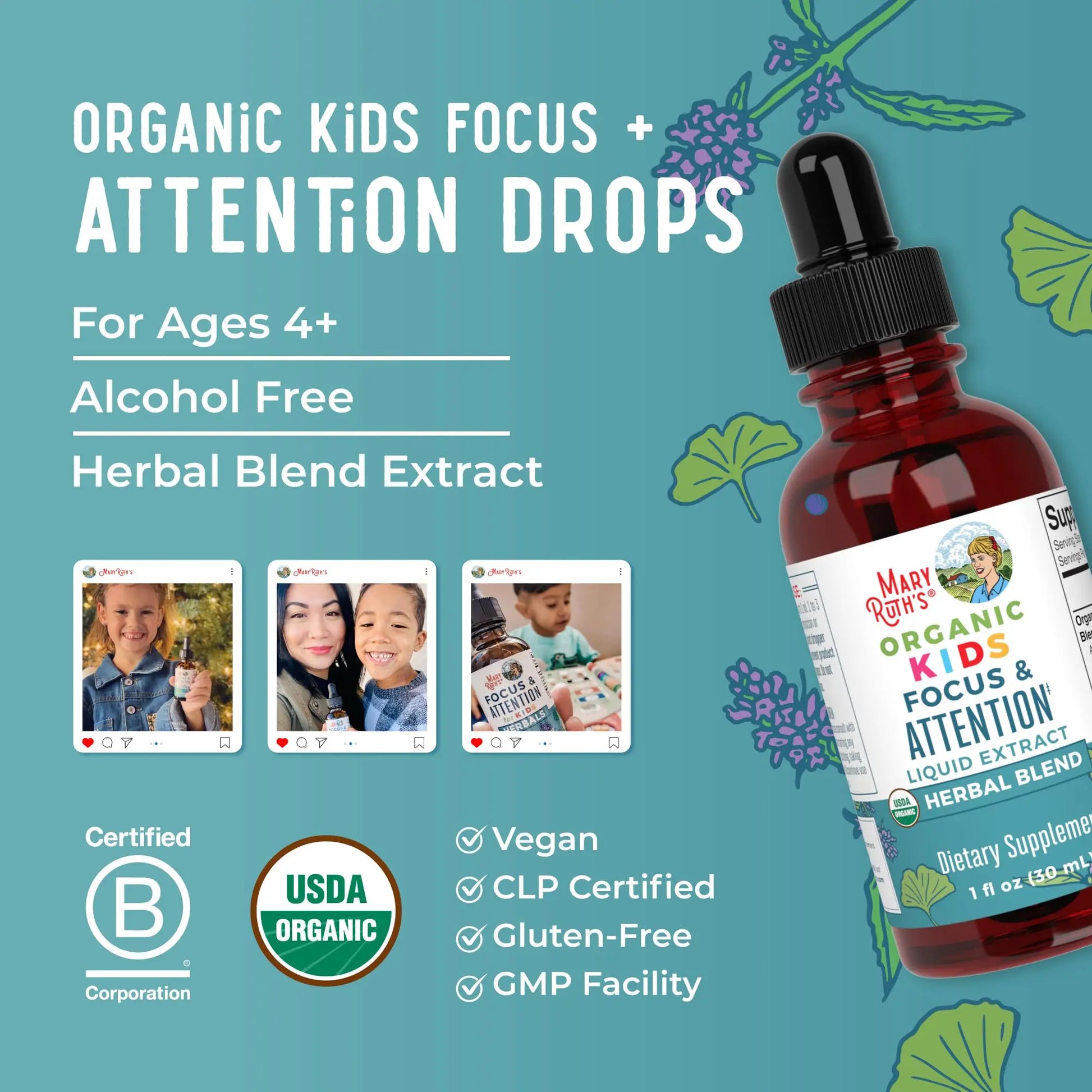 MaryRuth Organics Kids Focus & Attention Drops | USDA Organic Drops | Ginkgo Biloba | Rhodiola Root & Licorice Root | Adaptogenic | Calm | Vegan | Non-GMO | Gluten Free | 30 Servings MARYRUTH'S Au supplements