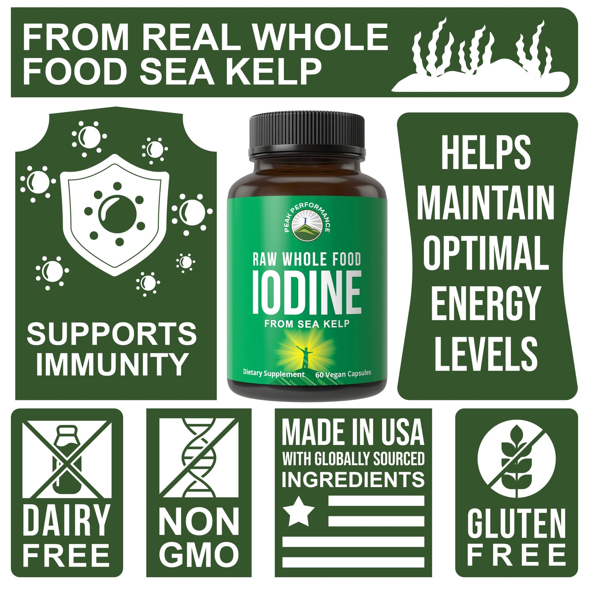 Raw Whole Food Iodine Supplement from Organic Kelp (Ascophyllum Nodosum) by Peak Performance. Potassium Iodide Support Tablets. for Metabolism, Energy, and Immune. 60 Vegan Capsules, Pills. Peak Performance Au supplements