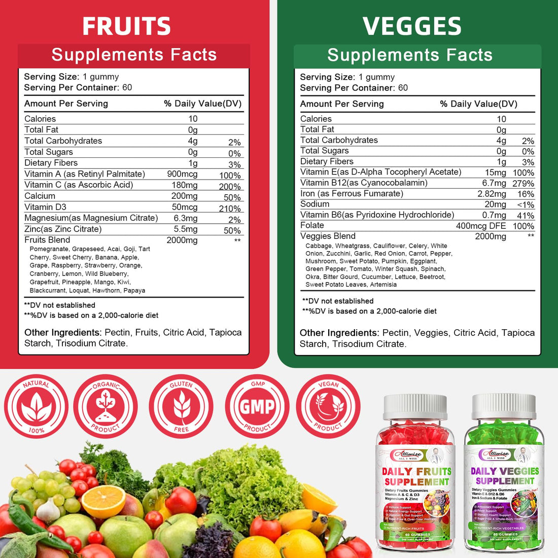 Sugar-Free Fruits & Veggies Gummies, Super Greens with 23 Fruits & 25 Veggies, Multivitamin Minerals & Fiber, Vegan Fruit & Vegetable Supplement for Adults, 120 Gummies, 2 Month Supply Alliwise Au supplements
