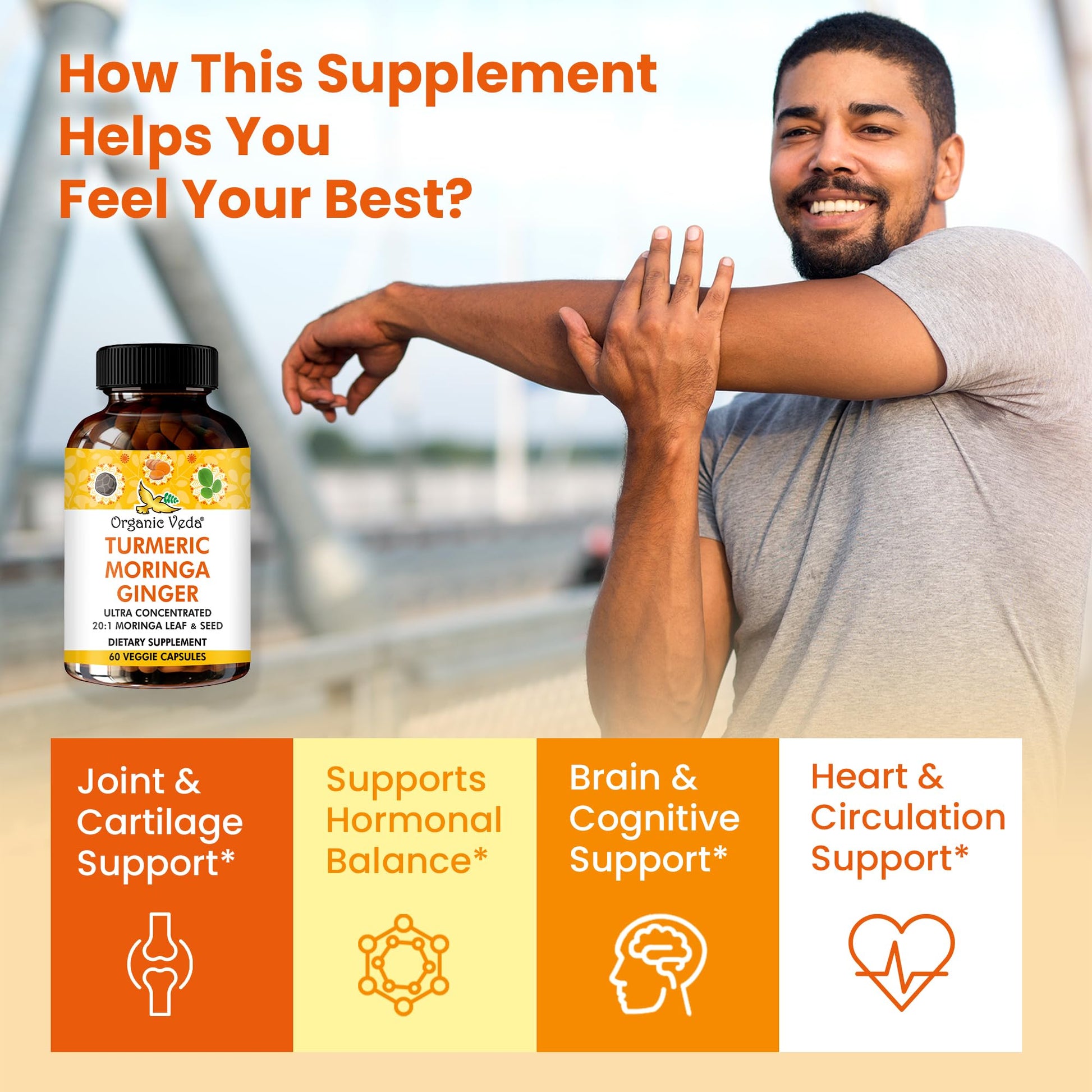 Organic Veda Turmeric Moringa Ginger Capsules - Super Antioxidants & Curcumin Supplement with 20:1 Moringa Leaf & Seed Extract, Black Pepper - Energy, Joints, Heart Health Support - 60 Vegan Pills Organic Veda Au supplements