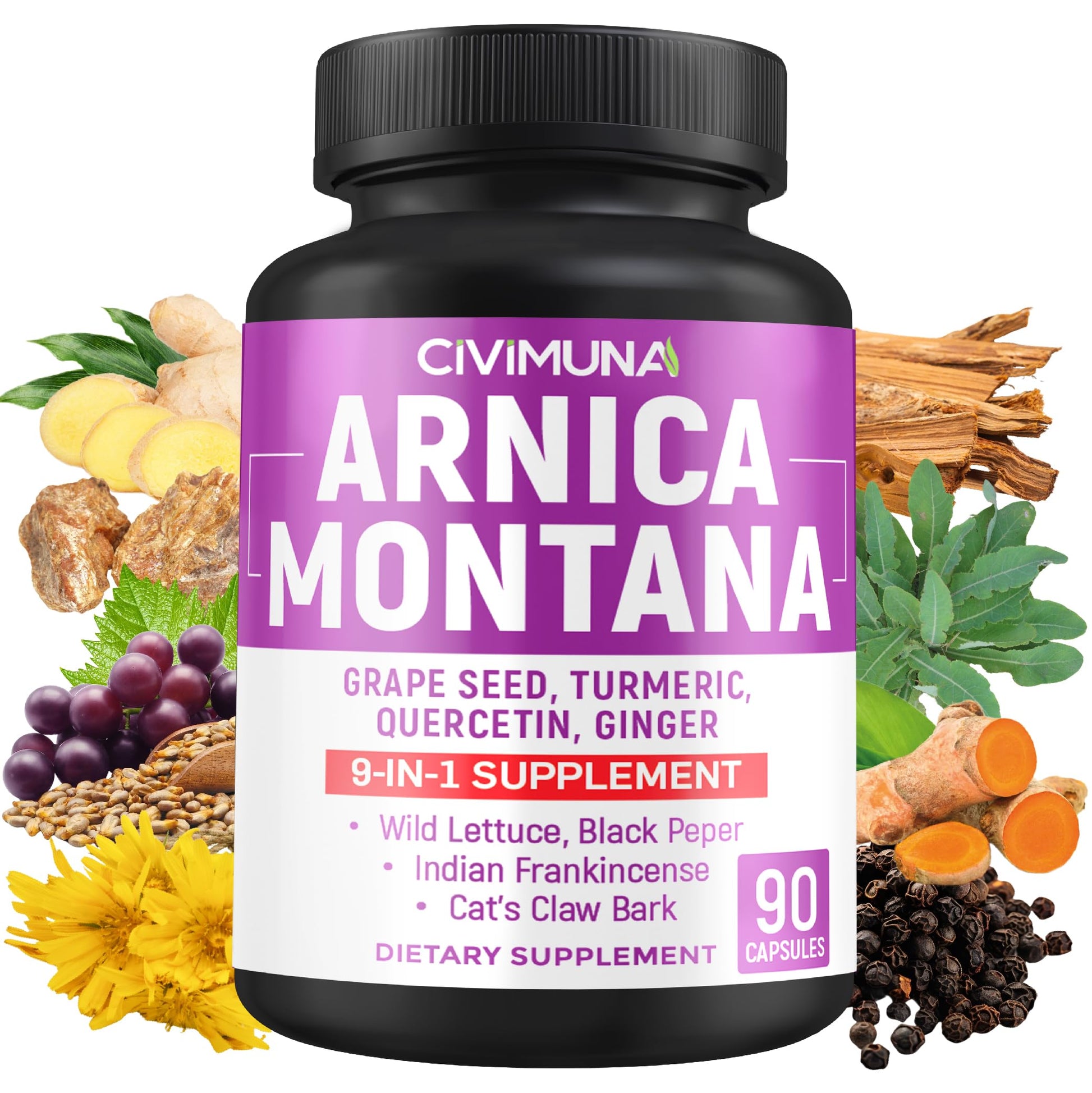 Arnica Capsules with Arnica, Grape Seed, Turmeric and More - 90 Capsules for 3 Months Supply CIVIMUNA Au supplements