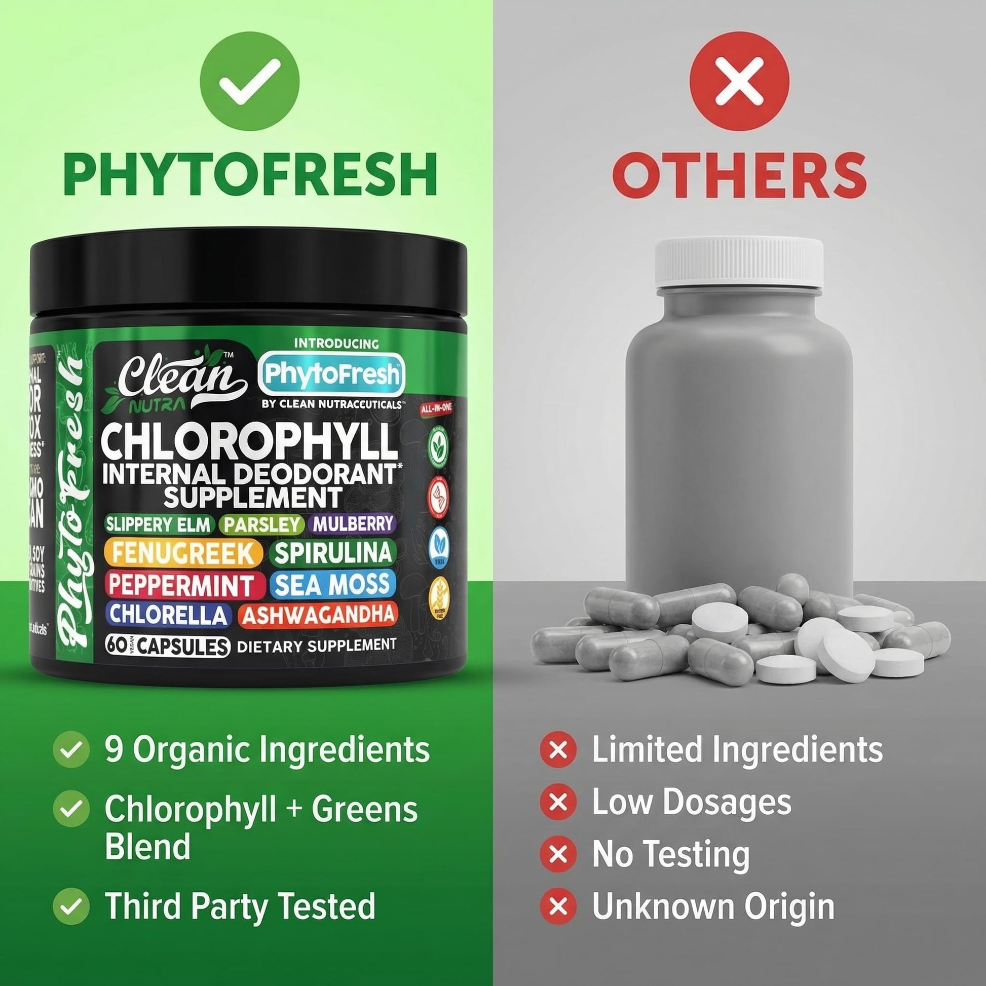 Clean Nutra Chlorophyll Capsules Supplement Internal Deodorant Peppermint, Sea Moss, Parsley, Chlorella, Spirulina, Slippery Elm, Ashwagandha, PhytoFresh Greens Detox Pills Clean Nutraceuticals Au supplements