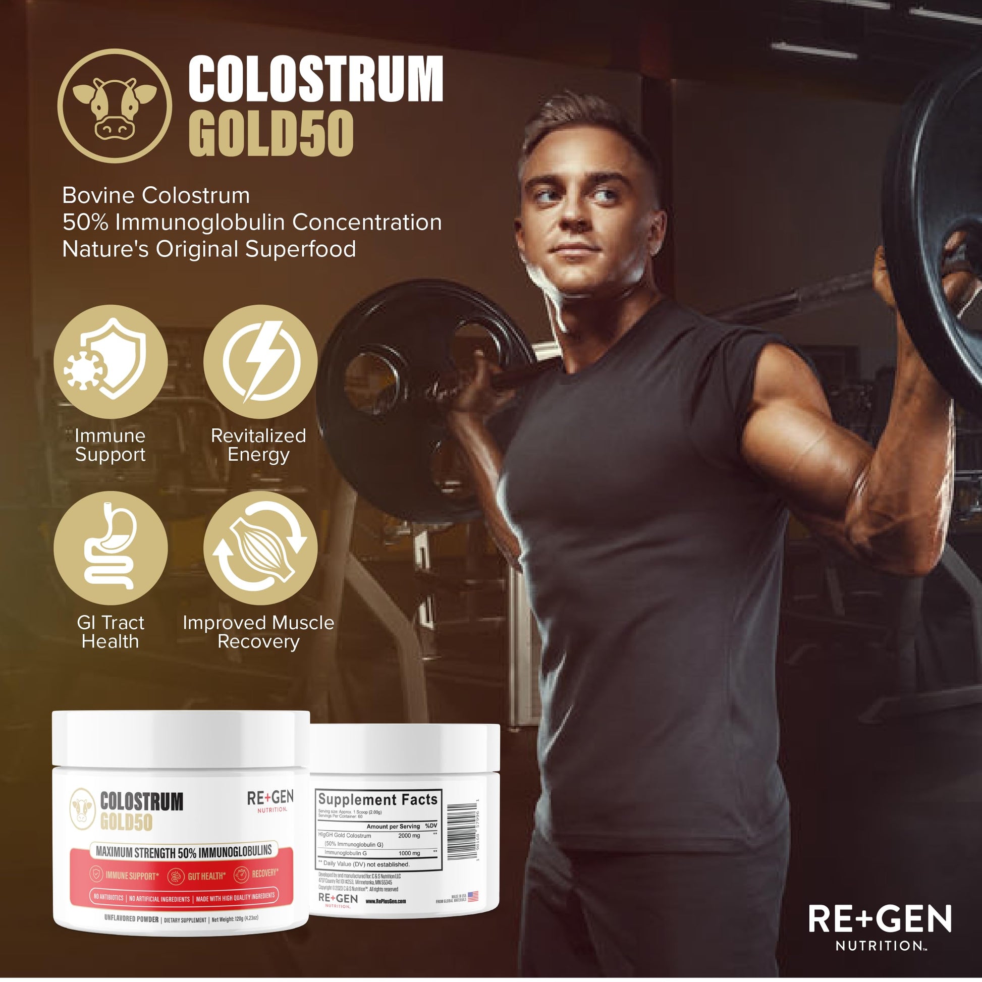 Re+Gen Nutrition Colostrum Gold 50 Bovine Colostrum Powder for Gut Health, Immune Support & Muscle Recovery – 50% IgG Concentration, Grass Fed, Gluten Free, No Artificial Ingredients Re+Gen Nutrition Au supplements