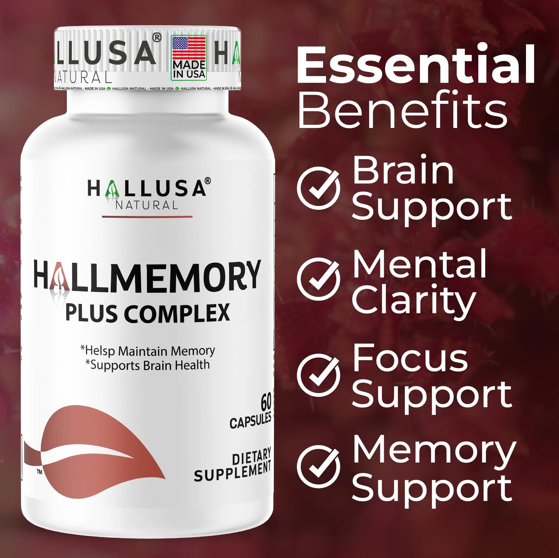 Hallusa Natural Brain Health Supplement Capsules 1680mg, Ginkgo Biloba, B Vitamins & Choline, Memory & Focus Support, Brain Booster for Men & Women, 60 Count Hallusa Natural Au supplements