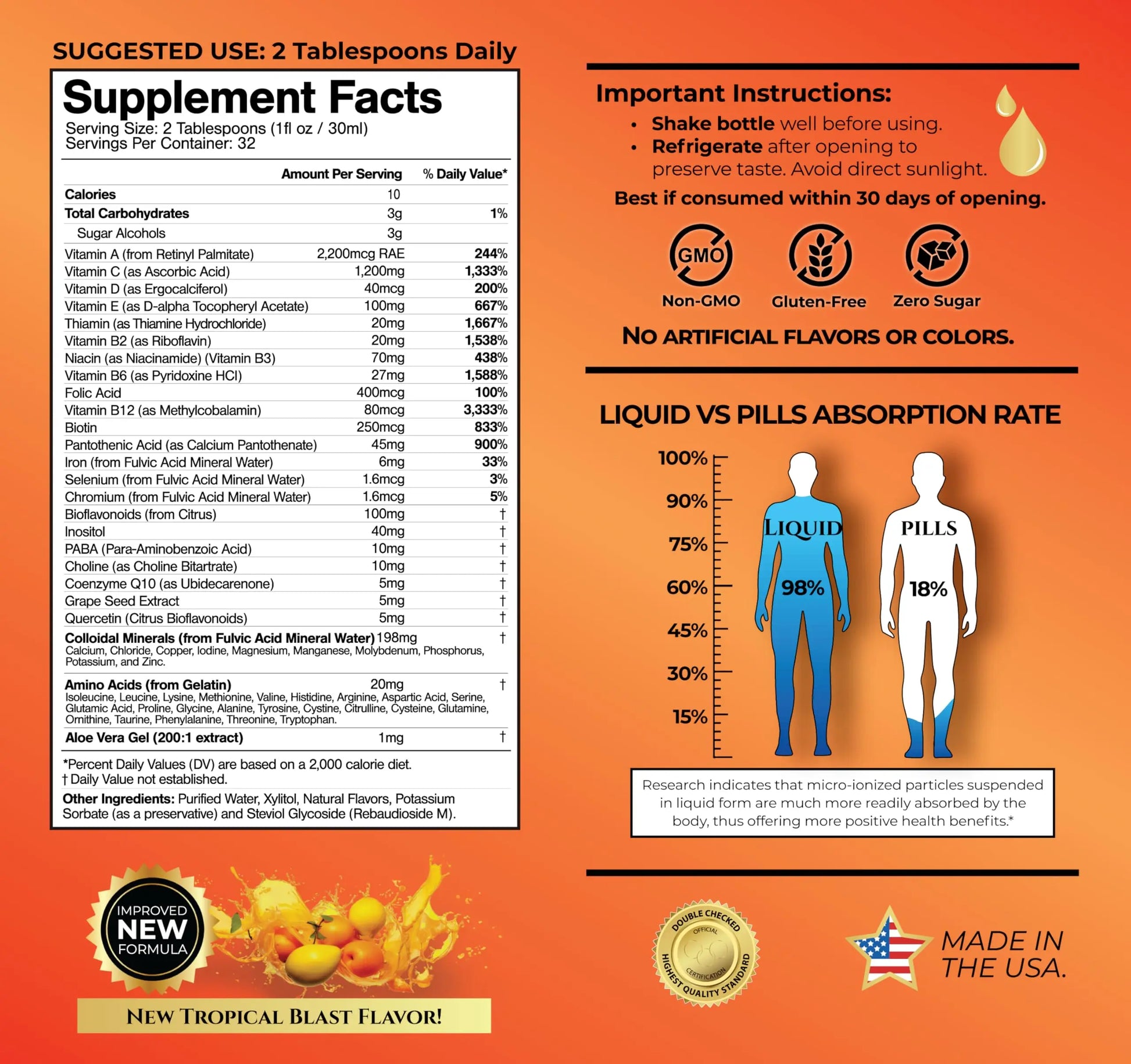Mega Premium Liquid Multivitamin | Natural Immune Support Vitamin w/ 1333% Vitamin C, 200% D3, Zinc + 20 Vitamins, 70 Minerals, & 21 Amino Acids | Sugar Free Tropical Oasis Au supplements