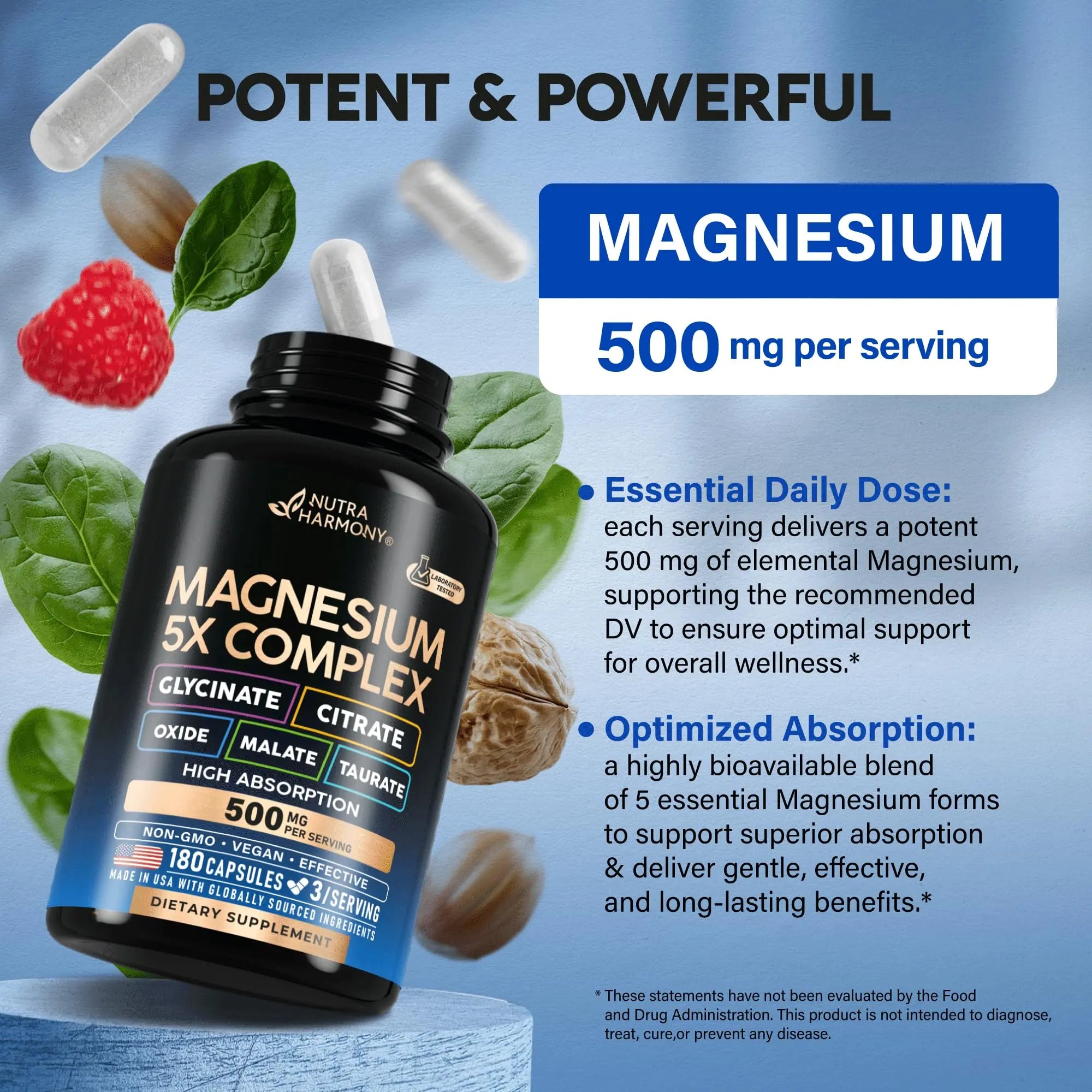 Magnesium Supplement - 5 in 1 Complex | Glycinate | Citrate | Malate | Taurate | Oxide - Made in USA - Stress, Muscle & Heart Support - Vegan, Natural, Non-GMO - 180 Capsules, 2 Month Supply NUTRAHARMONY Au supplements