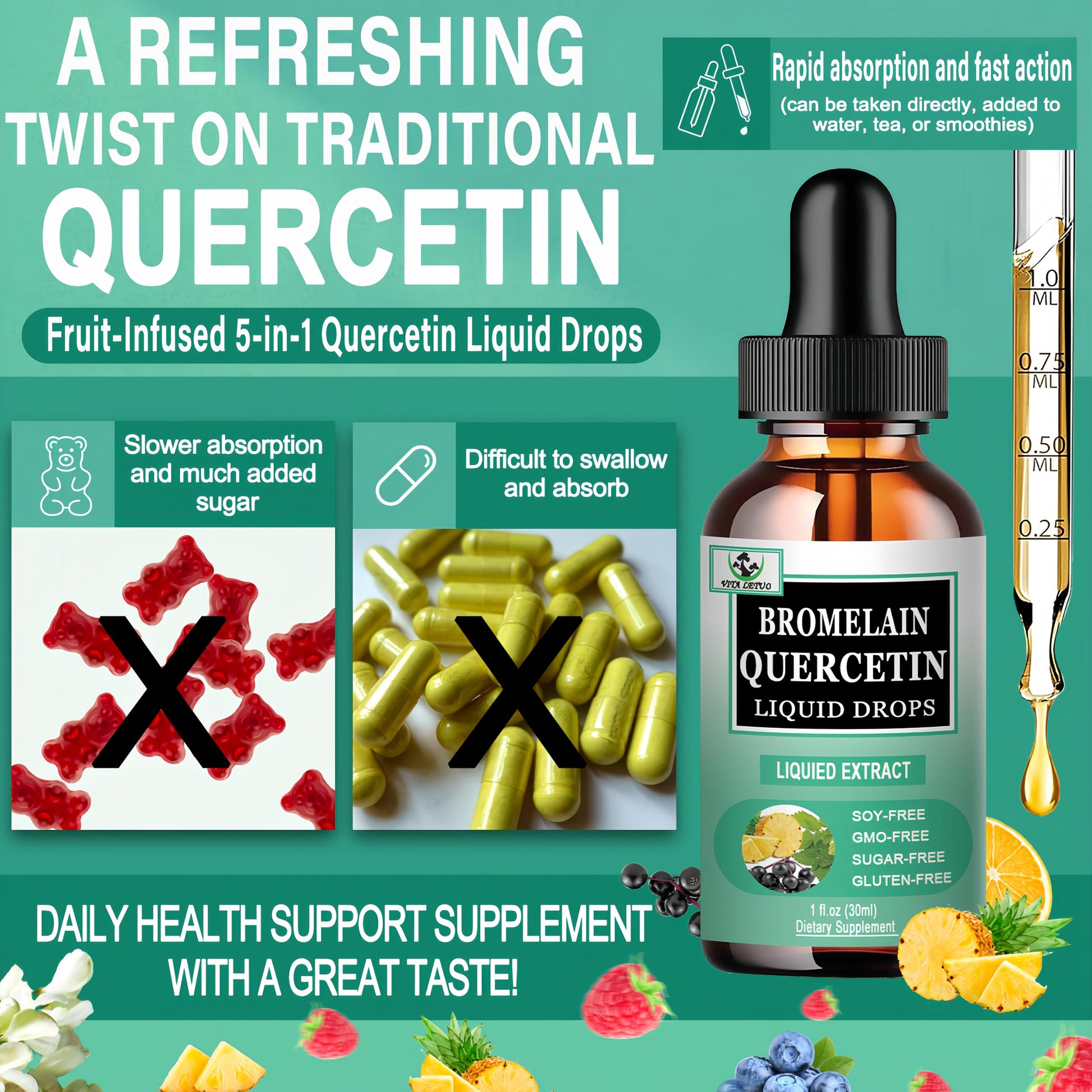 Quercetin Liquid Drops, Quercetin with Bromelain Elderberry Nettle Leaf Vitamin C Liquid Supplements, High Absorption Quercetin Liquid Drops for Women Men, Healthy Immune Antioxidant Support, Non-GMO Vita letuo Au supplements