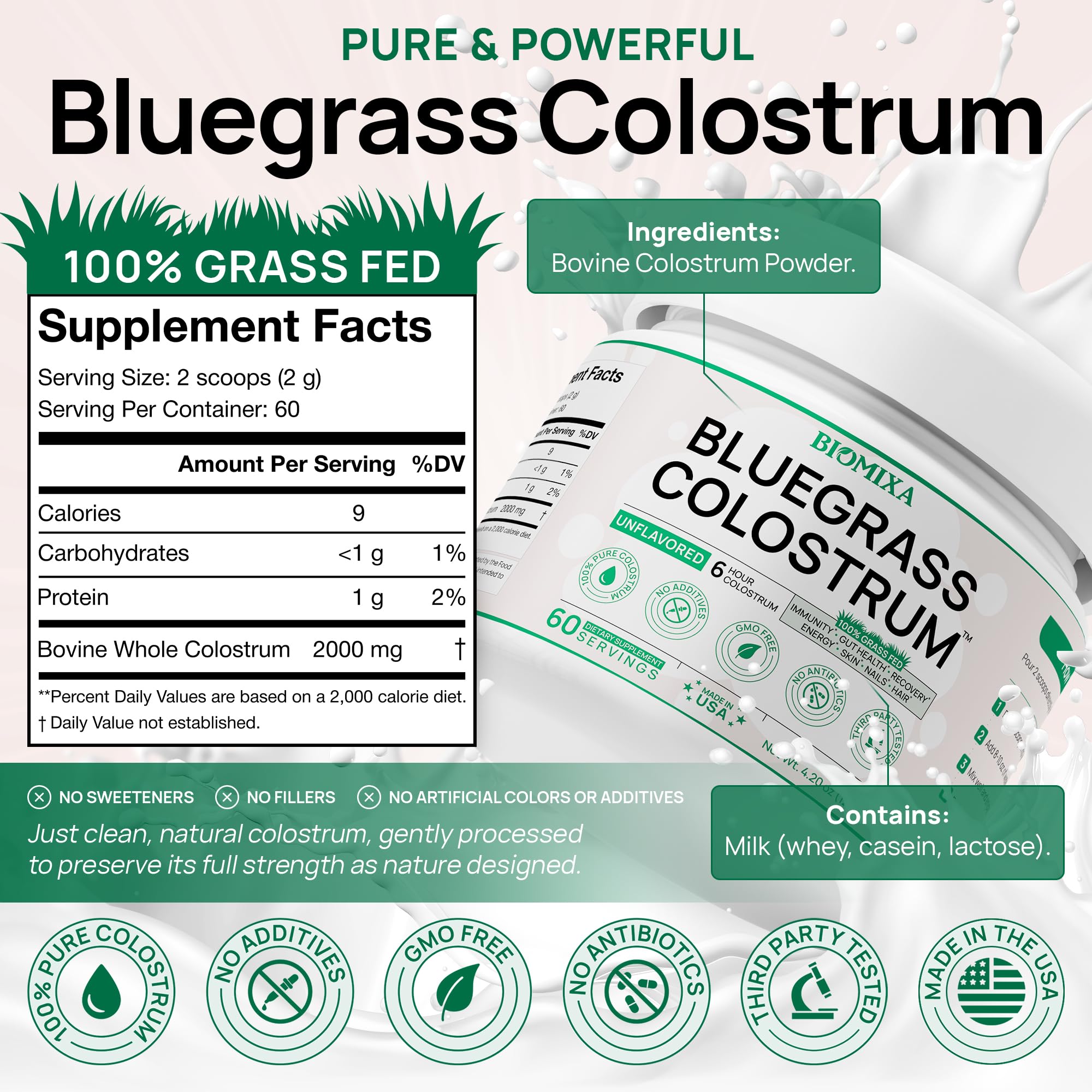 Bovine Colostrum Supplement - 100% Pure Whole Colostrum Powder - Grass-Fed, Unflavored, No Additives, Gut & Immune Support, Natural IgG, 60 Servings - Made in USA Bluegrass Colostrum Au supplements