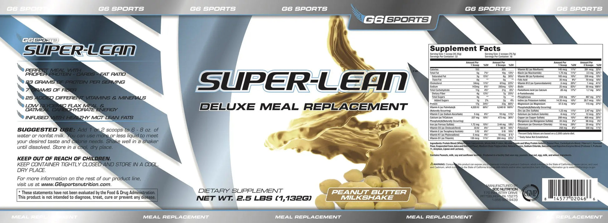 G6 Sports Nutrition Super-Lean Deluxe Meal Replacement (32g Protein, 7g Fiber, 25 Added G6 Sports Au supplements